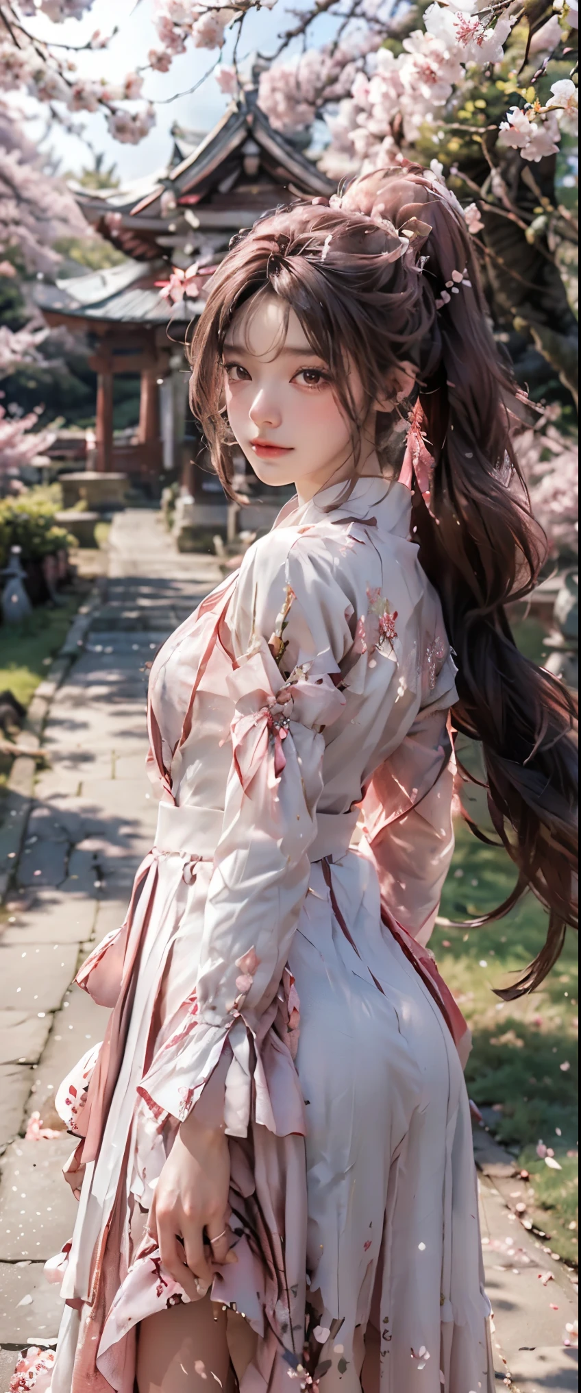 masterpiece、highest quality、High resolution、photorealistic、High resolution、Raw photo、(Around 50 pink flowers blooming on a tree with the shrines torii gate in the background, Cherry Blossoms in the wind, background Cherry tree, background Cherry tree, Cherry Blossom, Cherry Blossoms, Cherry Blossom tree, Cherry Blossom falling, Cherry tree, Cherry tree, Cherry Blossom trees, sakura bloomimg, Cherry Blossom rain everywhere)、((1girl, Back view of a young woman looking up at a cherry tree, ponytail, shiny skin, realistic skin texture, She is wearing a white dress, correct hands and fingers, big breasts, big ass)), ((long sleeve, long skirt, See-through dresses, Hair accessories:1.3))、