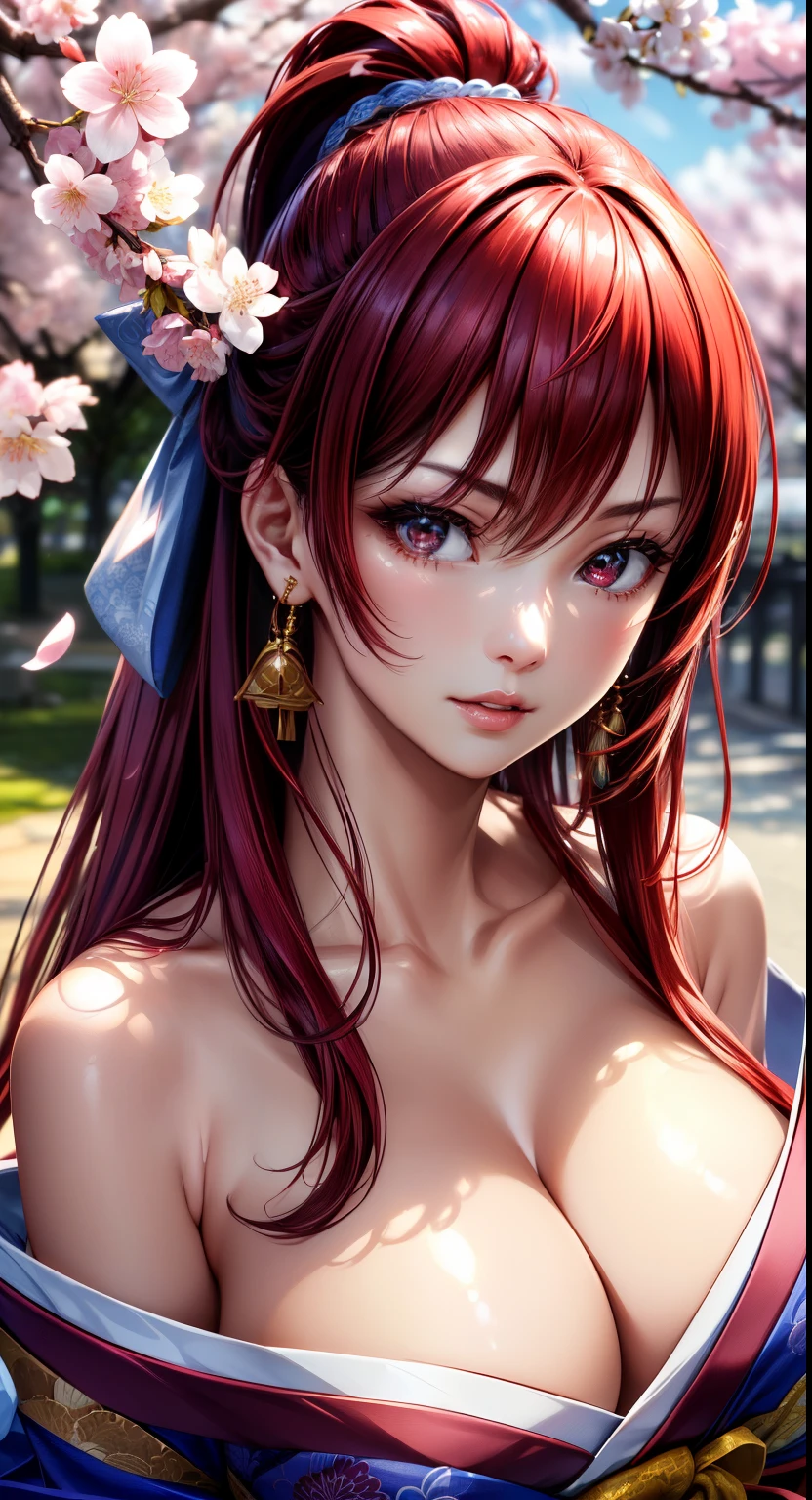 red eyes, (highest quality, masterpiece絵画:1.3), mature woman, 26 years old, (half body shot), masterpiece, ultra high resolution, (Photoreal:1.0), bright red hair、straight hair, beautiful shining hair, white and shining skin, ((Ultra realistic details)), octane rendering, highly detailed face,  (big breasts:1.0),(Sexy and gorgeous Japanese kimono,low cut neckline,delicate decoration:1.2), open neckline, cleavage, perfect body, soft skin, anime face, perfect face, perfect eyes, looking at the viewer, smart, Under the cherry blossom tree background, church, cherry blossom petals are falling, outdoors,sharp focus, intricate details, professional artwork, (bright colors:1.1), bright colors, diffused lighting, digital blending, ultra-definition body, ultra detail hair, super detailed face, that&#39;It&#39;s trending on pixiv, top button open, Cute gaze, compensate, perfect lips, perfect compensate, Ultra-precision coating,Glaring a little,