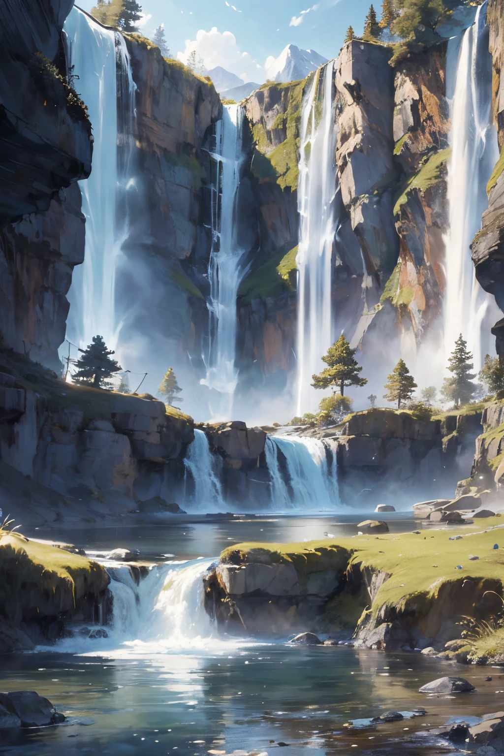 landscape,water,(extremely detailed CG unity 8k wallpaper), most beautiful artwork in the world,professional majestic oil painting,intricate, High Detail, Sharp focus, dramatic, photorealistic painting art,waterfall,mountains, flowing water