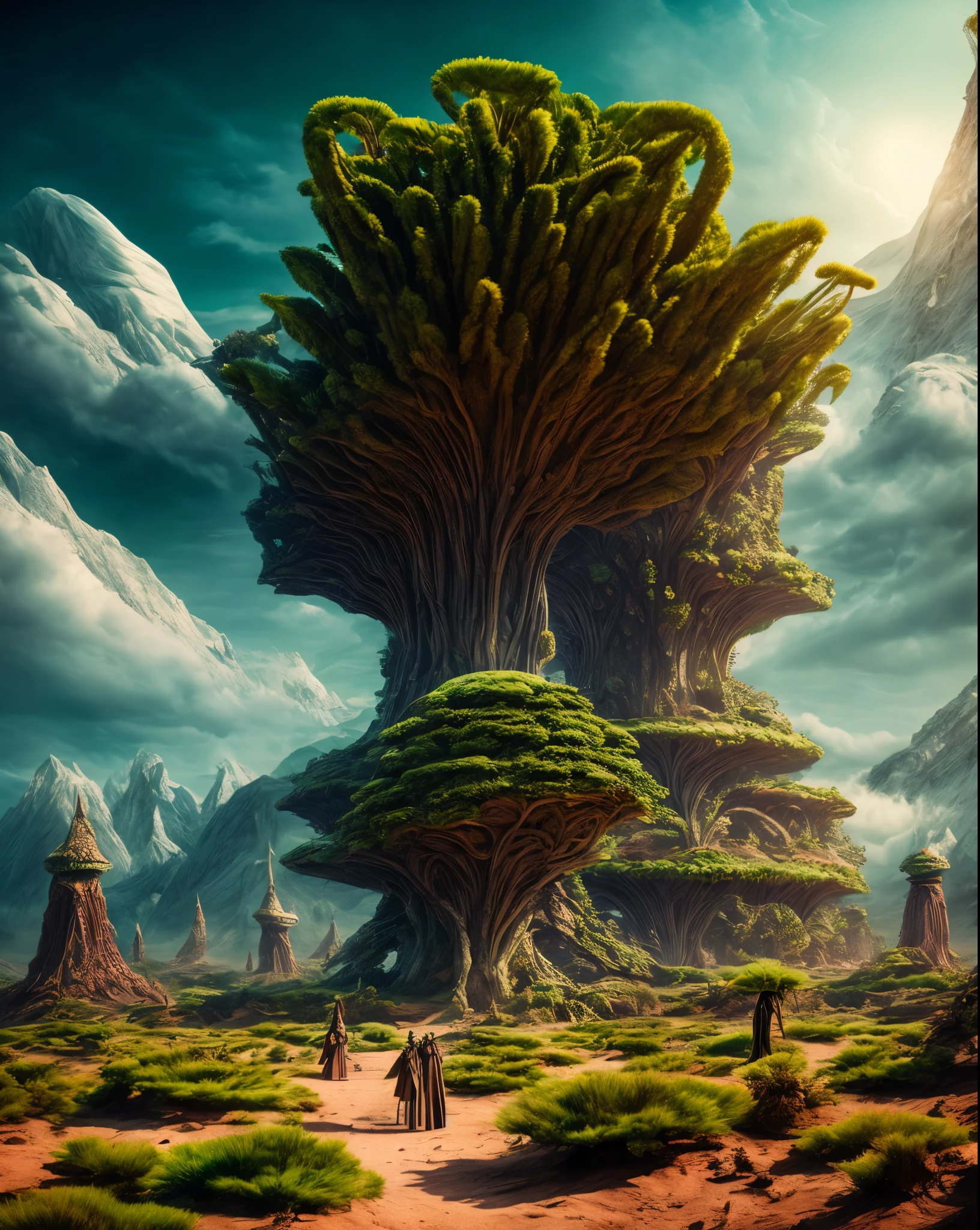 Humans in period costumes,alien worlds,Alien plants,alien monster,an alien landscape