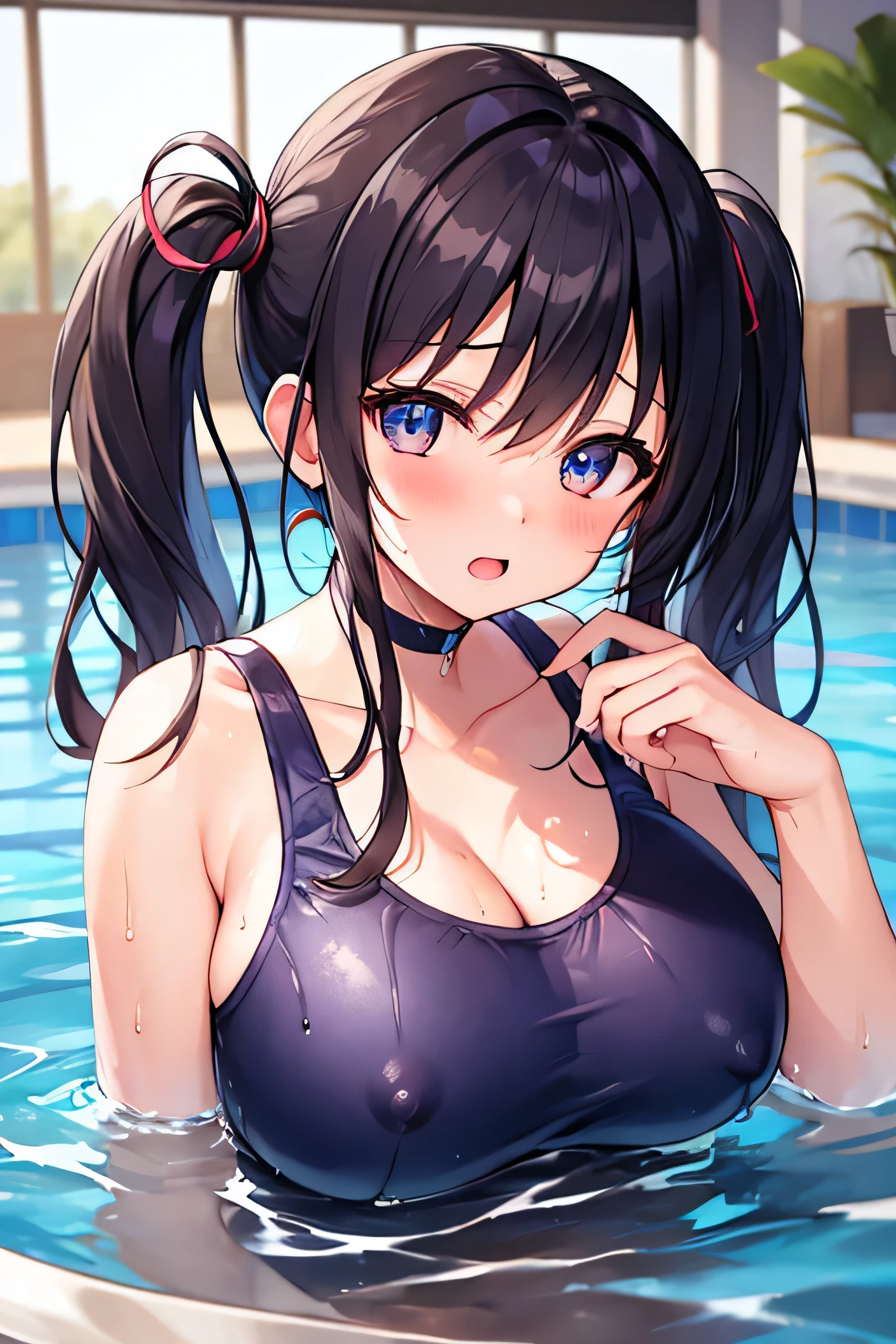 masterpiece、best image quality、ultra high resolution、NSFW、girl with big tits、twin tail hairstyle、black hair、Full body soaked、red face、shyly、mock、Open your mouth just a little、Drenched teenage schoolgirl leavage visible, dark blue school swimsuit、well-shaped nipples under Drenched teenage  with cleavage visible, dark blue school swimsuit、Well-shaped wet lower body、Poolside in indoor pool