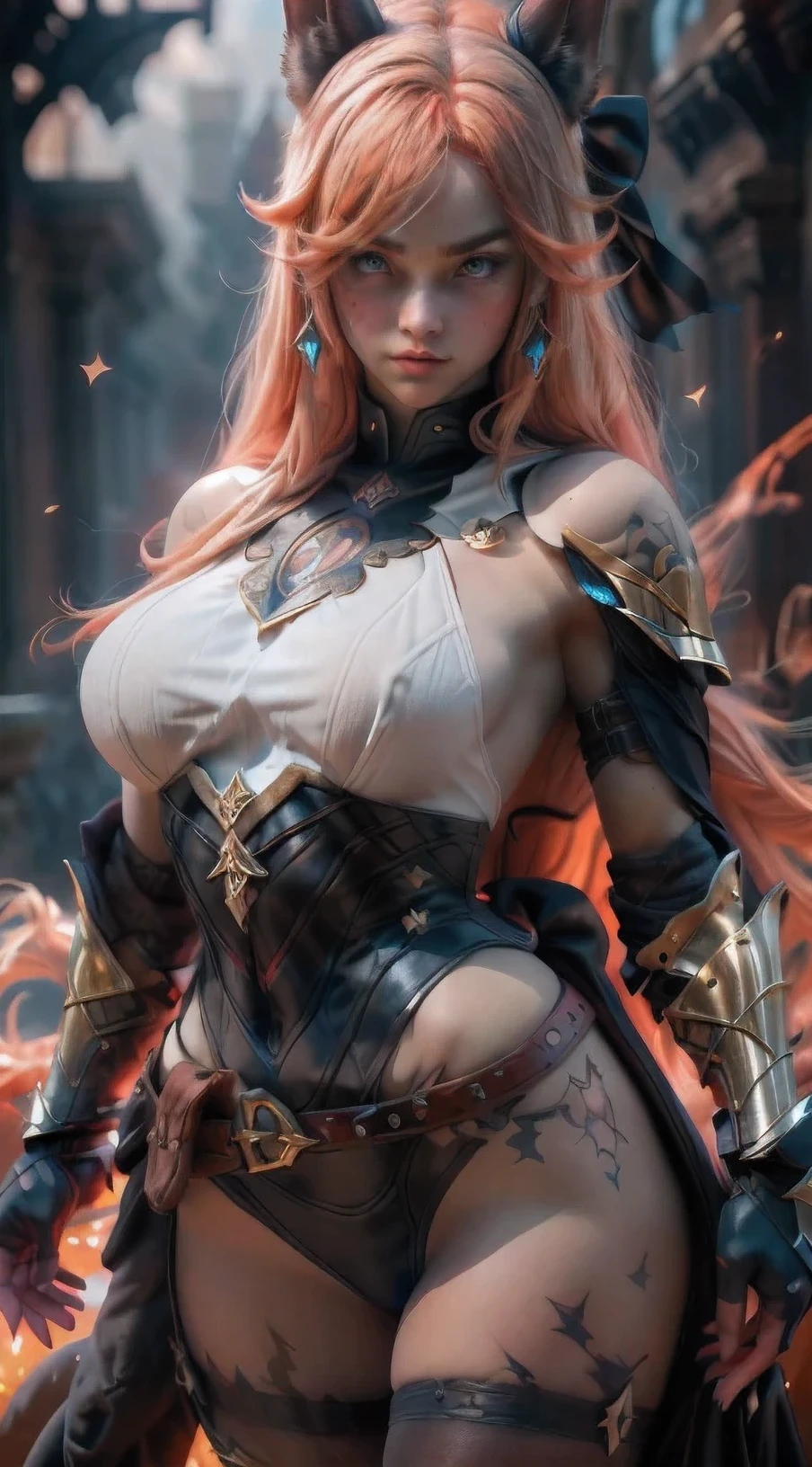 best quality,ultra detailed,physically-based rendering,vivid colors,studio lighting,bokeh,horror,landscape,anime,photorealistic,portraits,4k,masterpiece:1.2,Koine filter,Electric Blue color tone,low key lighting,realistic shadows,high contrast, dynamic composition,expressionless face,flaming red hair,dark background,wild horse,action shot,high-speed motion,flying dust particles,cinematic atmosphere,striking pose,courageous and determined gaze,background fog effects,eyes full of intensity,wind-blown hair,highly detailed armor and weaponry,heroic stance,small details like sweat and dirt on the face,crumbling ruins as the setting,deep shadows and dramatic highlights,foreboding atmosphere,thunderstorm in the background,stormy clouds and lightning,ominous silhouette lurking in the shadows,glimmering sword etched with ancient symbols,sparkles and glows surrounding the hero,emotional energy emanating from the painting,hint of mystery and adventure in the scene,magical aura surrounding the character's hands,aura of power and strength,thick strokes of paint creating texture and depth,rich color gradients and subtle transitions,sublime and awe-inspiring visuals,sense of awe and wonder in the viewer.
