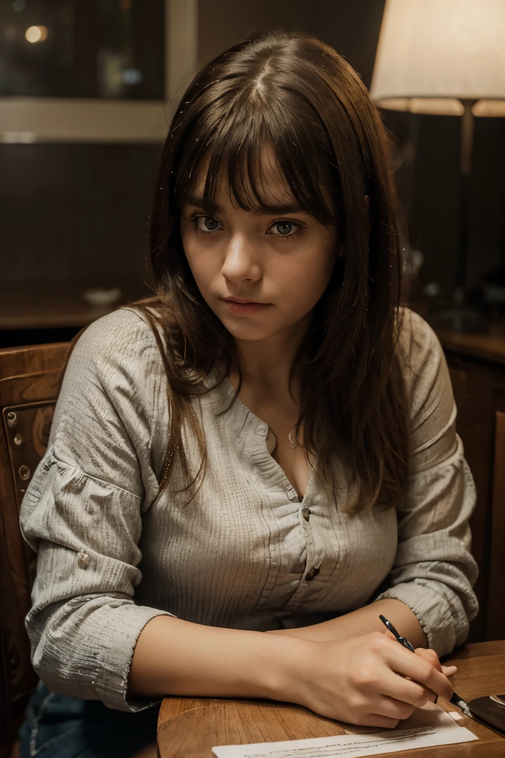 Sad looking girl with large eyes sitting at a chair and table, highly detailed, Intricate, 8k, Ultra High Definition, natural lighting, catch lights, Silverpoint 

