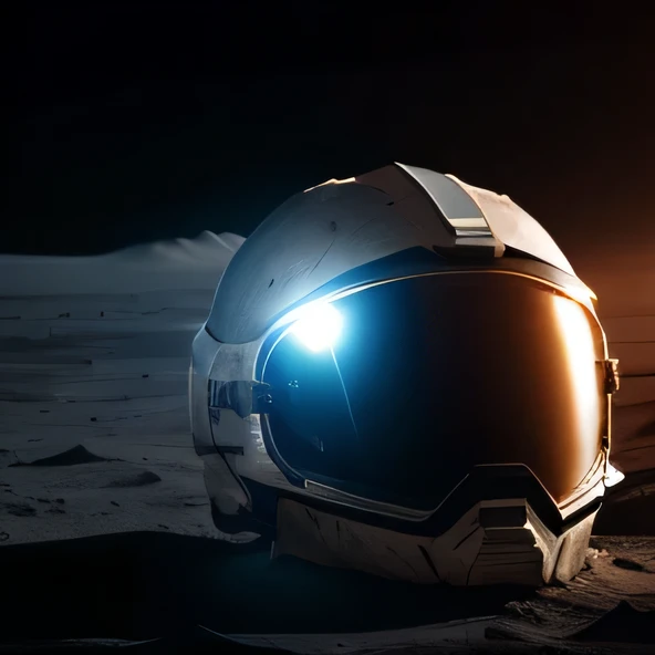Fascinating close-up image of a motorcycle helmet placed in a barren area, There are craters on the moon&#39;s surface. The shiny visor of the helmet reflects the bright moon, celestial glow, An otherworldly contrast to the darkness, dusty lunar landscape. The high-tech texture of the helmet&#39;s appearance shines brightly in the sunlight., Casts interesting shadows on the irregular lunar terrain. this is fascinating, High-definition scenes condense the exploration and discovery of new areas, Reminiscent of the surreal, science fiction fantasy. Stylistic approaches may include: Surrealism, photorealism