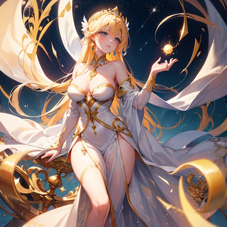Serafina, Goddess of Light, is presented with golden hair that flows like rivers of heavenly light and deep gold eyes that reflect eternal wisdom. Her delicately sculpted face radiates a divine grace. She wears a pristine white dress adorned with gold embroidery and a V-neckline, woven with the very essence of the stars. She wears jewelry made of fragments of the moon and stars, glowing with her own light. large breasts, wide hips, thin waist, her presence evokes the most sublime dawn, full of hope and peace, while her soft voice like a divine breeze grants blessings and healing. slight smile, hands behind the back, high resolution, best quality, masterpiece, detailed face, detailed hands.