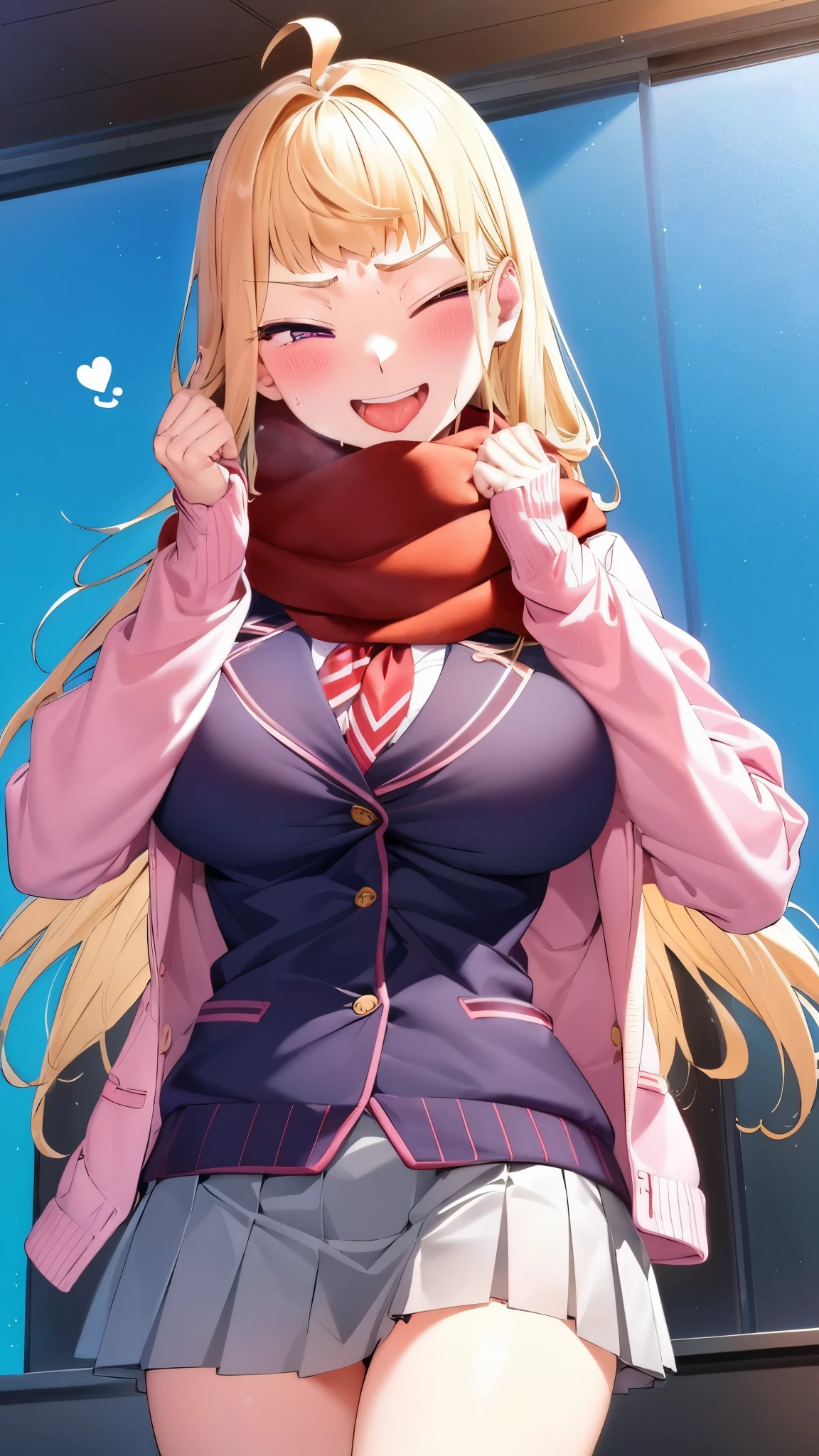 looking very very angry at you for looking at her boob ,wiping sweat from  ,short  skinny skinny arms, minami_fuyuki, 1girl ,ahoge, solo, scarf, one eye closed, breasts, pink cardigan, jacket, cardigan, smile, purple eyes, skirt, red scarf, school uniform, blue nails, looking at viewer, open mouth, large breasts, white background, tongue, blush, blue jacket, breath, bangs, hair behind ear, teeth, pleated skirt, very long hair, grey skirt, tongue out, blazer 