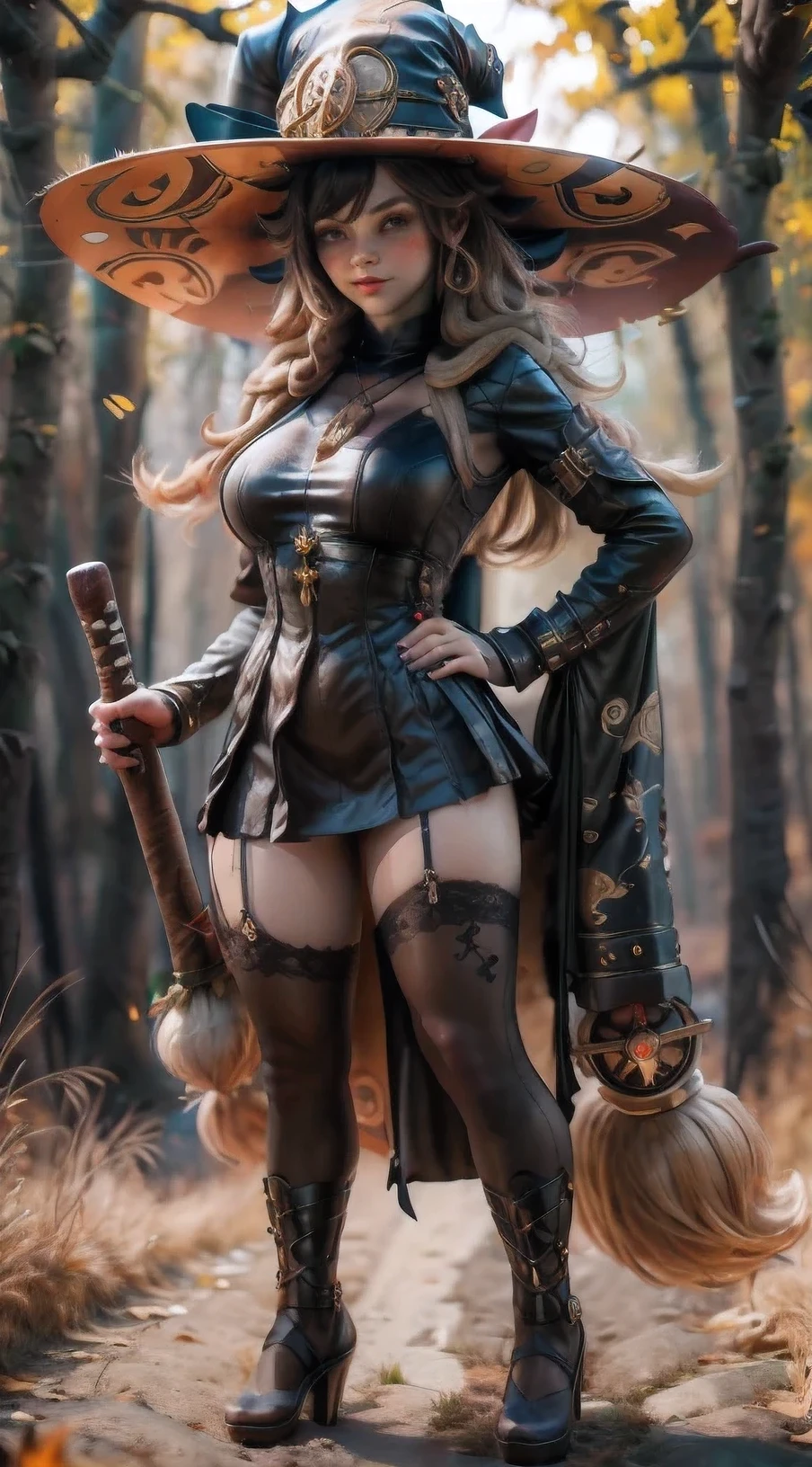 steampunkai。highest quality。masterpiece。detailed details。one girl。little cute girl。steampunk witch。witch hat。witch&#39;s clothes。long light brown fluffy hair。smile。carry a big broom。Running on the road。The background is a forest with bright light shining through.。