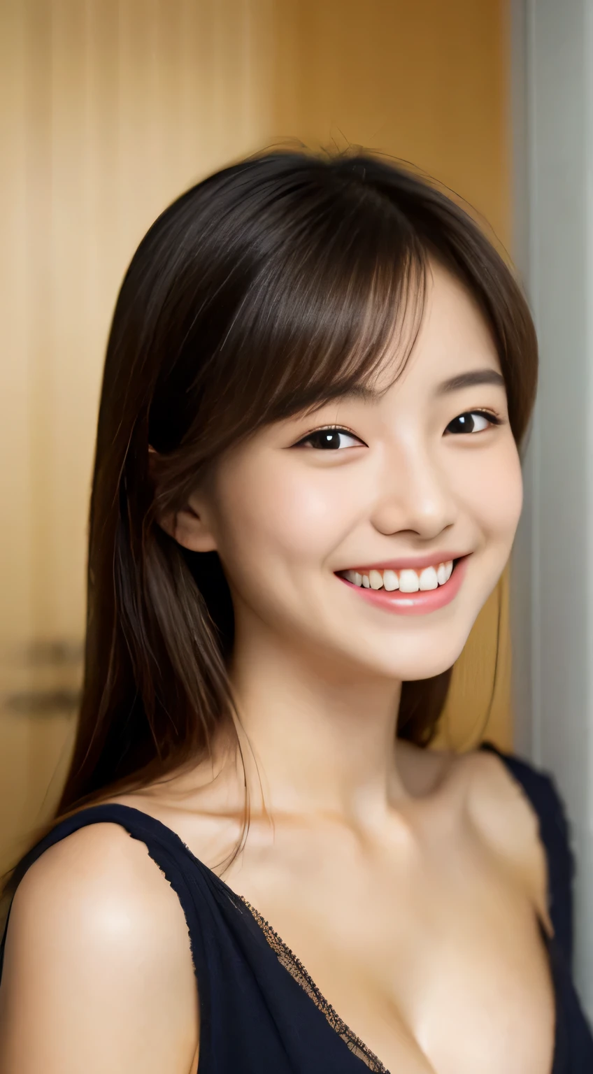 Japanese ),((beautiful girl)),cleavage,An expression that imagines something pleasant:1.2,(perfect body beauty:1.2),((perfect body)),(shy smile),beautiful teeth,