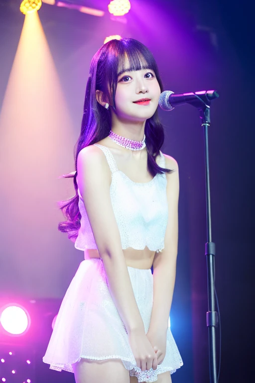 best quality, single girl, spotlight, live, colorful hair, cute, anime, sheer white skin, asian girl, full body, gentle eyes, shy face, , idol clothes in white and pink tones, choker, singing waiting for microphone, shining sweat, confident face