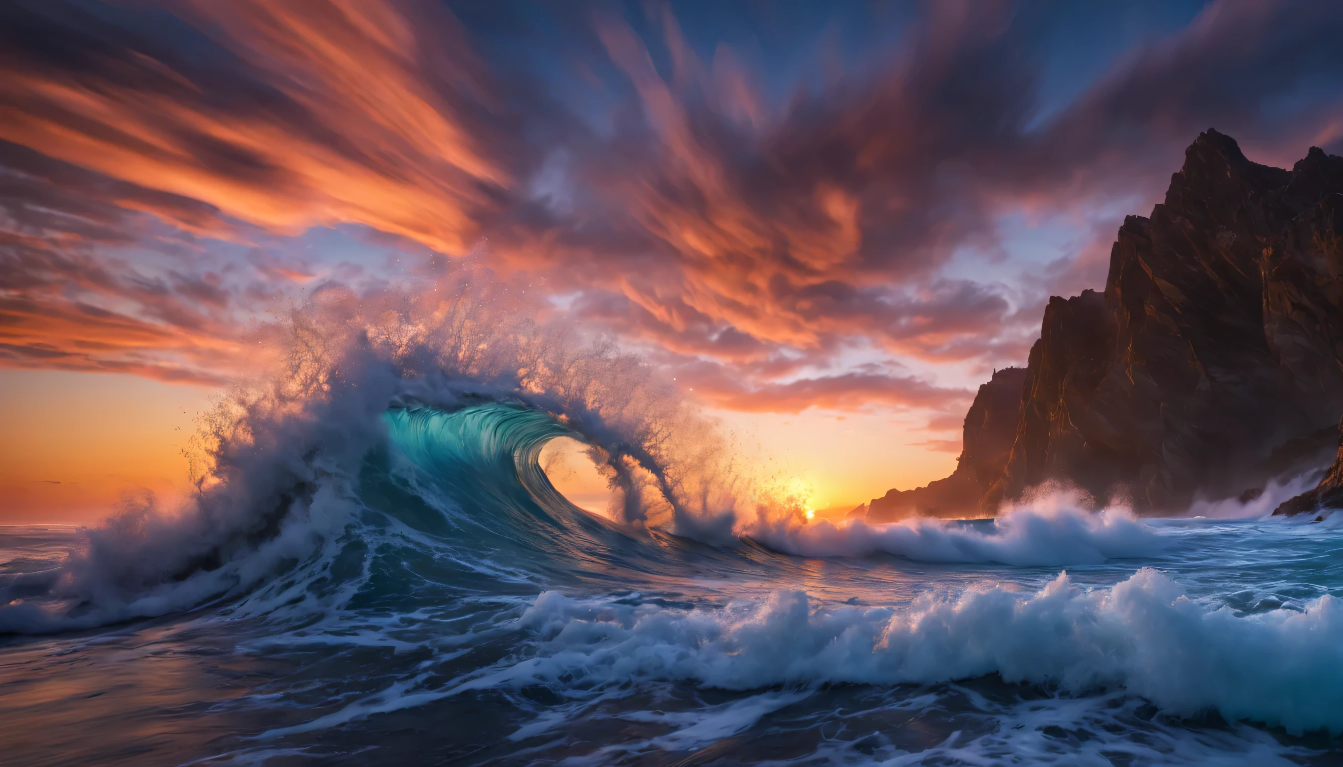 arafed view of a dawn over the blue ocean with waves crashing, chaotic sea setting, breathtaking colors, breathtaking look, breathtaking composition, beautiful sea landscapes, stunning dawn, magnificent background, dawn glow, beautiful background, beautiful dreamy breathtaking, marc adamus, warm beautiful scene, epic dawn, beautiful dawn, beautiful dawn glow, beautiful blue ocean