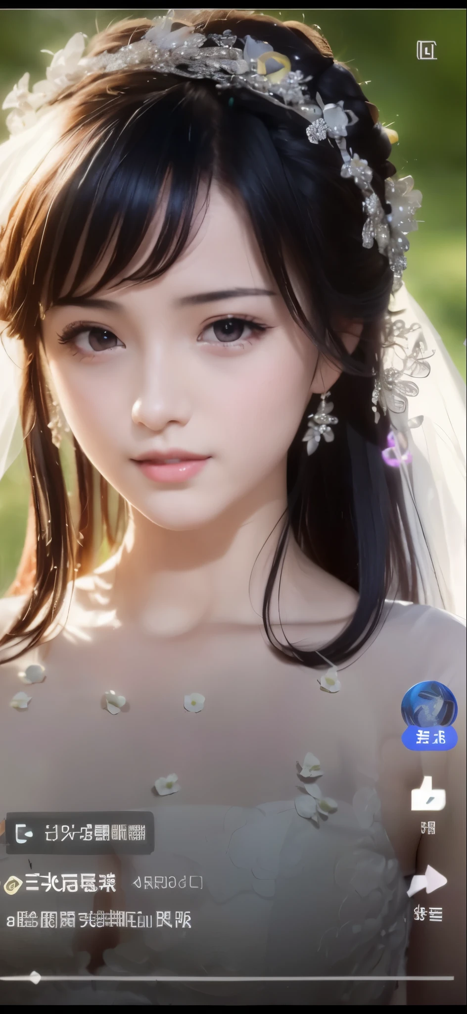 ((((Pixel perfect, Perfect details))), alone, 1 girl, yuigahama yui,  Close-up of beautiful bride wearing beautiful wedding dress,Gurwitz, (bridal veil:1.5），（transparent short veil：1.5），blush，eye shadow，Blushing face，Head flower，headgear，bouquet，（tube top wedding dress：1.5），（silk dress：1.2）,（strapless wedding dress：1.5）,pure white dress，necklace，earrings，(large breasts:1.3)，Bangs，lipstick，（White long elbow gloves：1.4）,whole body照,High-detail RAW color art,White long skirt，whole body，There are only two railroad tracks，(standing on the railroad tracks:1.3),18 years old, （long twintails：1.5）,(double bun:1.5), black hair