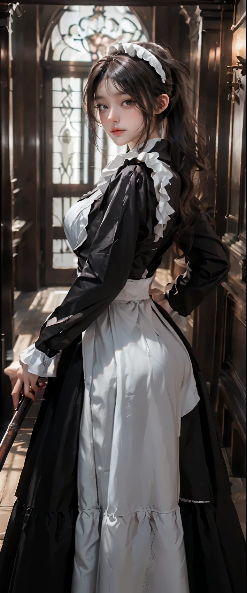 masterpiece、highest quality、High resolution、photorealistic、High resolution、Raw photo、(A maid standing in the hallway of a luxurious mansion)、((1girl、Young woman hiding in the corner of the hallway、detailed face and eyes、beautiful face、ponytail、shiny skin、realistic skin texture、wearing a maid costume、hold a gun、dynamic pose、correct hands and fingers、 big breasts、big ass))、((black maid dress、long sleeve、long skirt、white apron、headdress))、