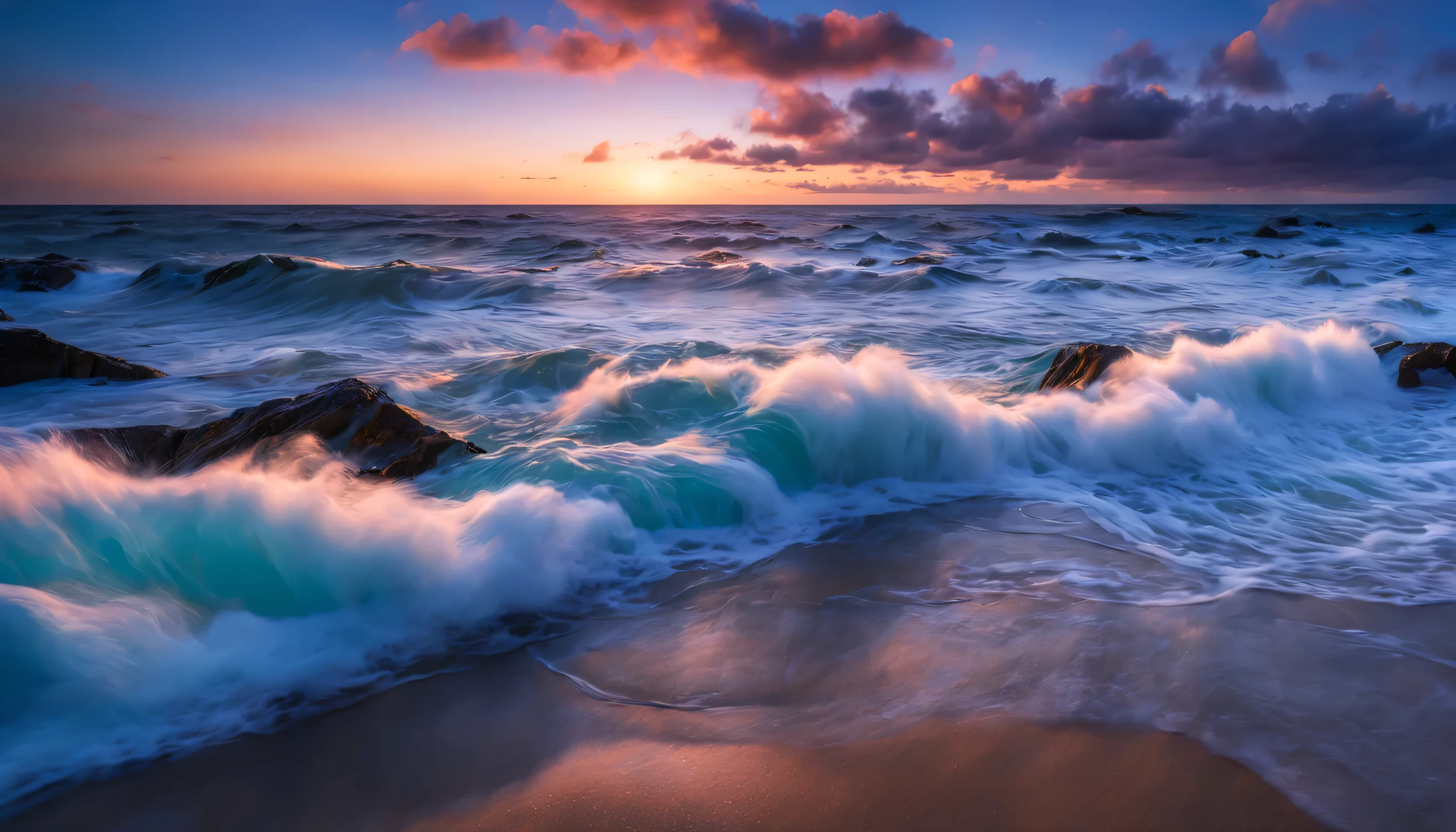 arafed view of a dawn over the blue ocean with waves crashing, chaotic sea setting, breathtaking colors, breathtaking look, breathtaking composition, beautiful sea landscapes, stunning dawn, magnificent background, dawn glow, beautiful background, beautiful dreamy breathtaking, marc adamus, warm beautiful scene, epic dawn, beautiful dawn, beautiful dawn glow, beautiful blue ocean
