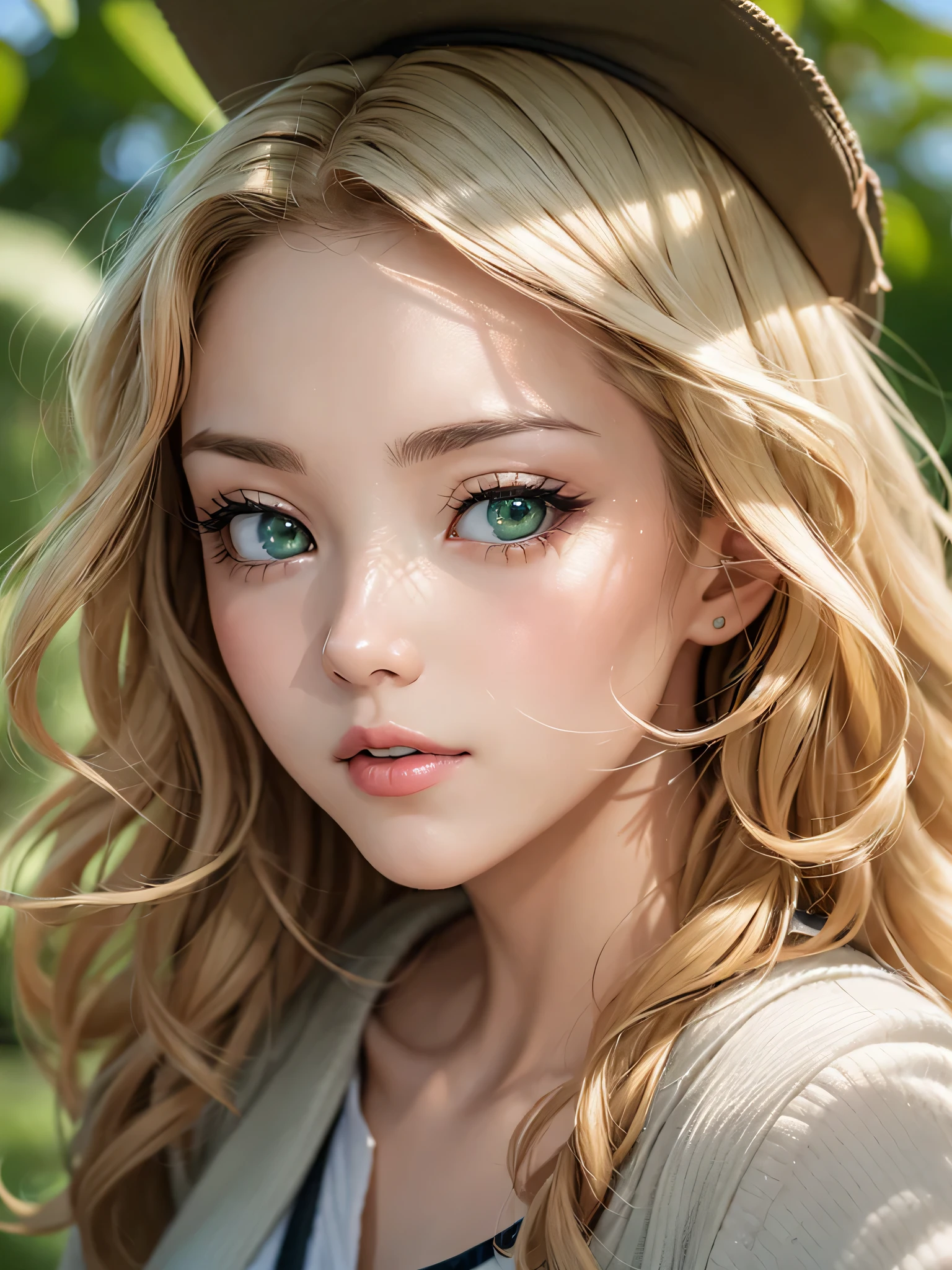 2.5D, 1 Lady,  facial close-up, (((1 Lady:1.37, Solo))), (((Extreme close-up of the face))), (Beautiful face, Cute face, Detailed face,),  BREAK, ((( Golden hair, Semi-long hair, Hair pulled back, Wavy Hair))), (((Detailed beautiful green eyes,))), BREAK, (((Sunny))), (((in beach))), BREAK, Cinematic lighting