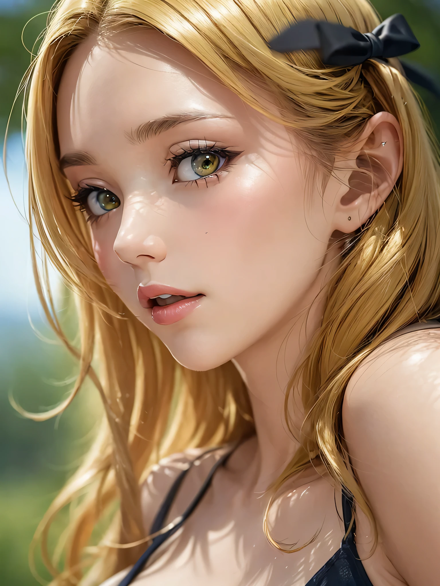 2.5D, 1 Lady, facial close-up, (((1 Lady:1.37, Solo))), (((Extreme close-up of the face))), (Beautiful face, Cute face, Detailed face,), BREAK, ((( Golden hair, Semi-long hair, Hair pulled back, Wavy Hair))), (((Detailed beautiful green eyes,))), BREAK, (((Sunny))), (((in beach))), BREAK, Cinematic lighting