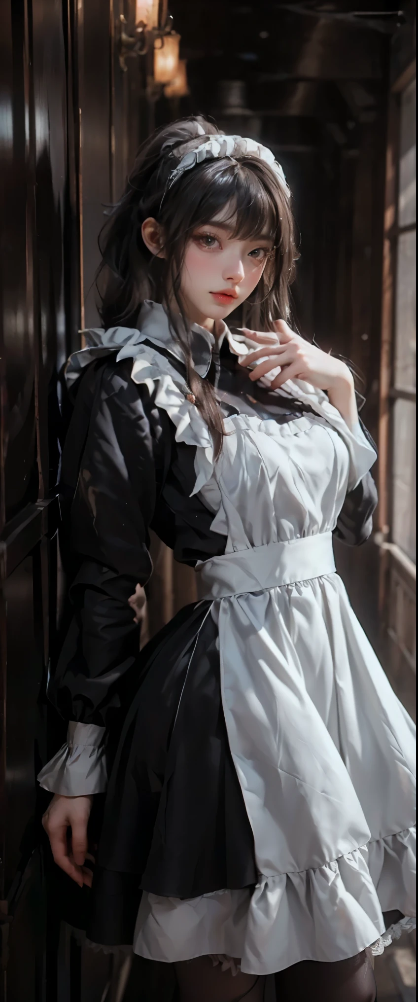 masterpiece、highest quality、High resolution、photorealistic、High resolution、Raw photo、(A maid standing in the hallway of a luxurious mansion)、((1girl、Young woman hiding in the corner of the hallway、detailed face and eyes、beautiful face、ponytail、shiny skin、realistic skin texture、wearing a maid costume、hold a gun、dynamic pose、correct hands and fingers、 big breasts、big ass))、((black maid dress、long sleeve、long skirt、white apron、headdress))、