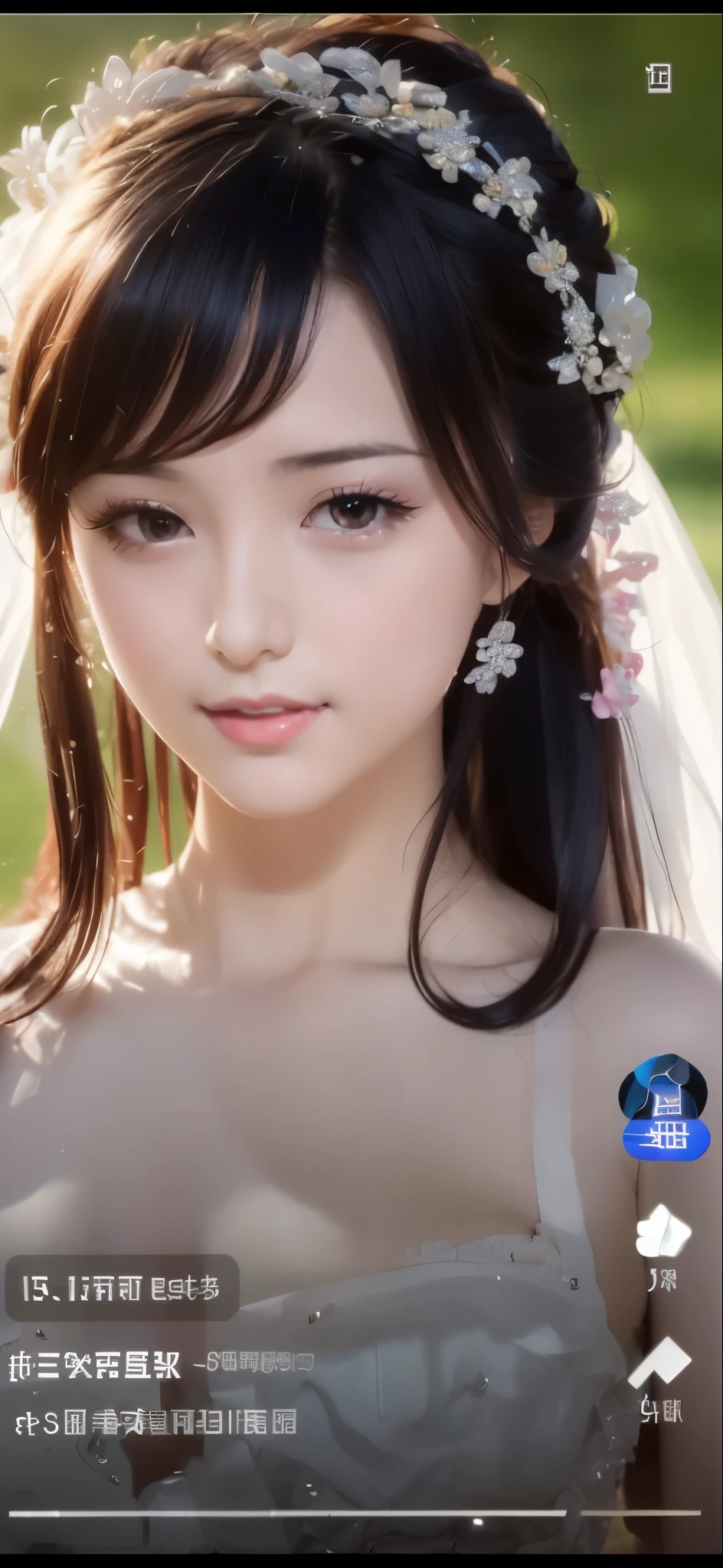 ((((Pixel perfect, Perfect details))), alone, 1 girl, yuigahama yui,  Close-up of beautiful bride wearing beautiful wedding dress,Gurwitz, (bridal veil:1.5），（transparent short veil：1.5），blush，eye shadow，Blushing face，Head flower，headgear，bouquet，（tube top wedding dress：1.5），（silk dress：1.2）,（strapless wedding dress：1.5）,pure white dress，necklace，earrings，(large breasts:1.3)，Bangs，lipstick，（White long elbow gloves：1.4）,whole body照,High-detail RAW color art,White long skirt，whole body，There are only two railroad tracks，(standing on the railroad tracks:1.3),18 years old, （long twintails：1.5）,(double bun:1.5), black hair