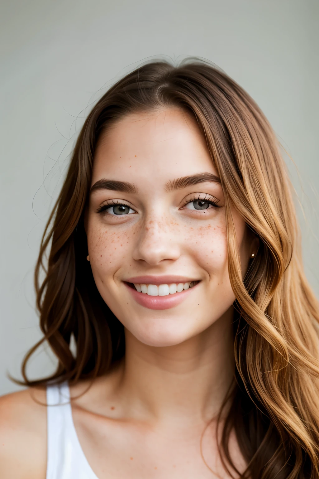beautiful lady, freckles, big smile, dark makeup, hyperdetailed photography, soft light, head and shoulders portrait, cover