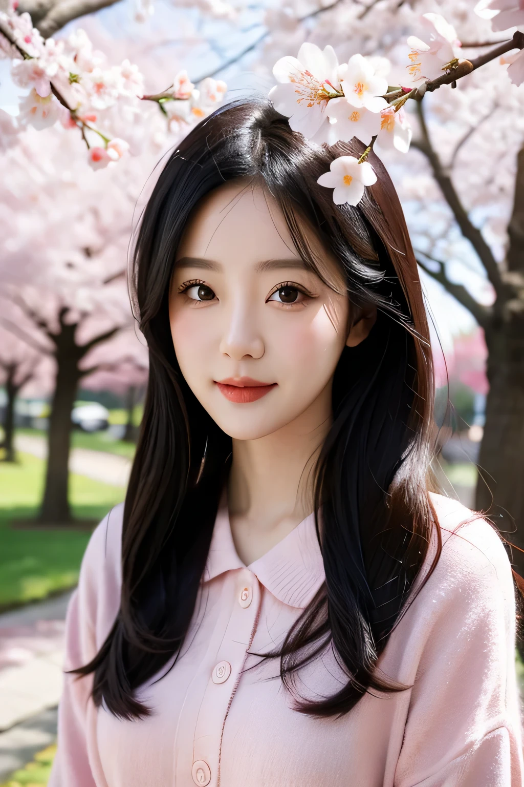 Girl under the cherry blossom tree，long black hair，best quality，masterpiece，（pastel colors：1.2）