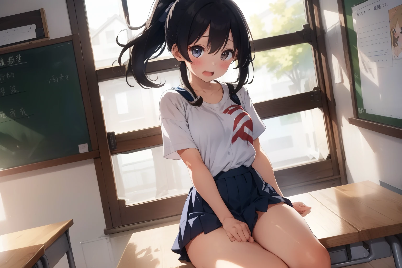 scowling face,cowboy shot,thin legs,squatting,very young girl,extremely skinny girl,front shot,flat chest,low twin tails,black hair,red ribbon,white panty,little swollen mons publis,navy colored hip length sailor uniform, navy colored skirt,white knee socks,burst out skirt,up skirt,panty shot,from below,ground level shot,love juice,**** girl