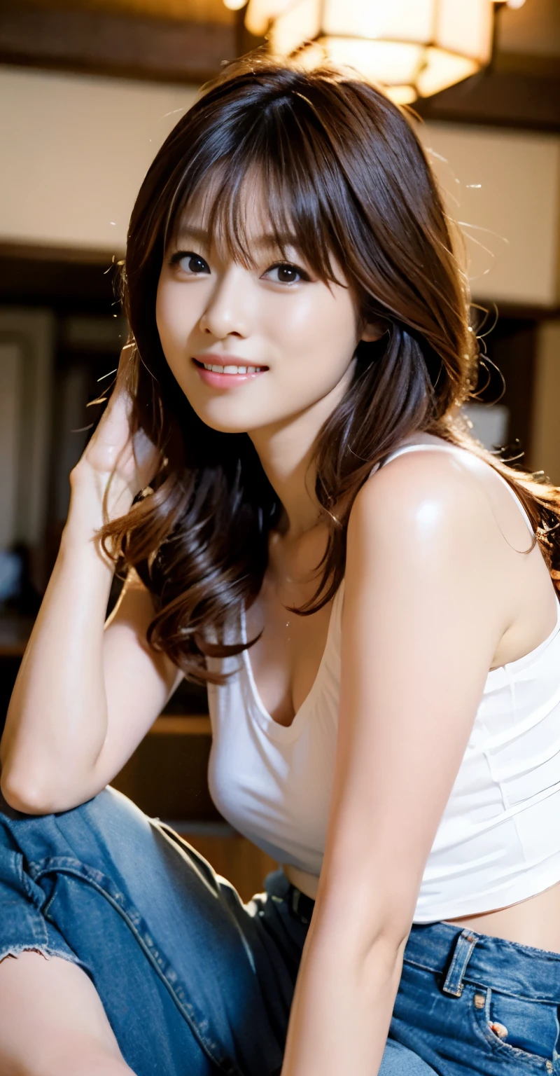 (((perfect anatomy))),((Ulzan 6500)),highest quality,very detailed,masterpiece,Super detailed,An inviting pose lying on your back with your knees together in a Japanese room,超High resolution,(realistic:1.4,8k),A beautiful 20-year-old newlywed wife who poses in a photo in a Japanese-style tatami room bathed in the dazzling morning sun, with her chin tucked in and her knees together, lying on her back and resting on her elbows.,The slim, muscular, big hips are irresistible.,((Perfectly sized V-neck mini T-shirt and jeans mini skirt are the best match)),The most adorable smile with raised eyebrows and corners of the mouth,Proud chestnut sauvage hair,High nose and deep chiseled face,Elegant appearance,Dynamic full-body portrait from the ceiling,magic lighting,Bright colors,Melting deep depth of field background using Hasselblad,(highest quality,4k,8k,High resolution,masterpiece:1.2),(realistic,realistic:1.37),