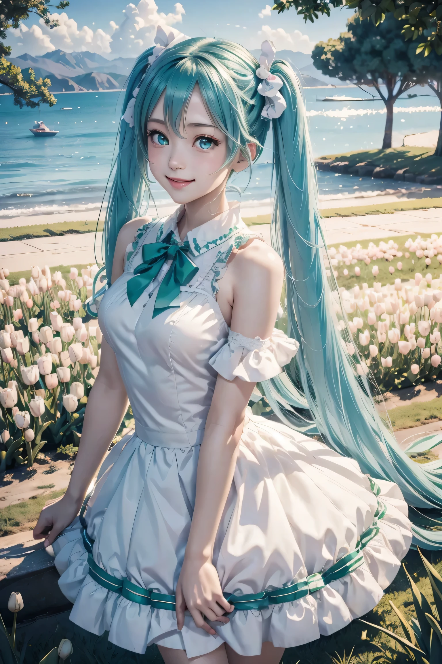 hatsune miku,twin tails,Beautiful emerald green eyes,white skin,hatsune miku costume,white ruffle dress,green ribbon around neck,super high quality,super high quality,masterpiece,digital single lens reflex,realistic,Detailed details,vivid details,depicted in detail,detailed face,Detailed details,Super detailed,realistic skin texture,based on anatomical basis,perfect anatomy,anatomically correct hand,anatomically correct fingers,Complex 3D rendering,sexy pose,beautiful tulip field,fantasy world view,fantastic morning sun,Amazing blue sky,beauty like a painting,Take a full body photo,nine-headed body,pink lip,Beautiful curly hair,emphasize the beautiful whole body,smile,