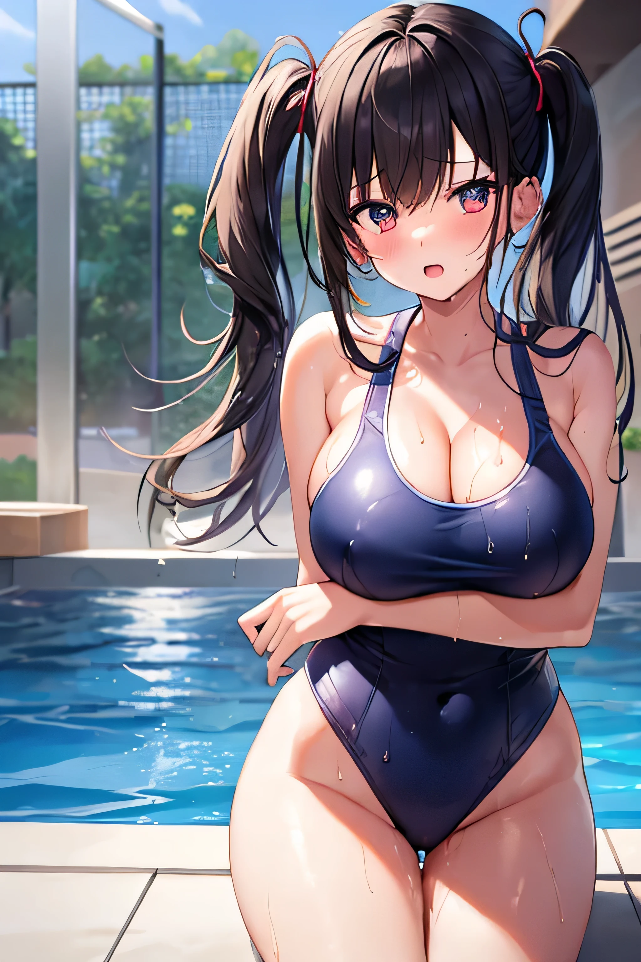 masterpiece、best image quality、ultra high resolution、NSFW、girl with big tits、twin tail hairstyle、black hair、Full body soaked、red face、shyly、mock、Open your mouth just a little、Drenched teenage schoolgirl leavage visible, dark blue school swimsuit、well-shaped nipples under Drenched teenage  with cleavage visible, dark blue school swimsuit、Well-shaped wet lower body、Poolside in indoor pool
