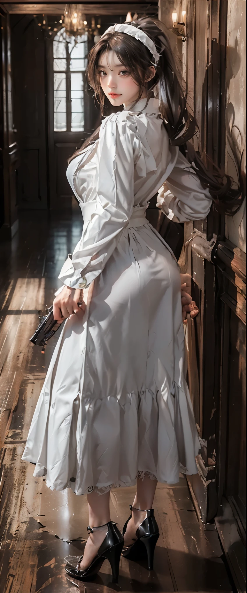 masterpiece、highest quality、High resolution、photorealistic、High resolution、Raw photo、(View from behind of a maid standing in the hallway of a luxurious mansion)、((1girl、Young woman hiding in the corner of the hallway、detailed face and eyes、beautiful face、ponytail、shiny skin、realistic skin texture、wearing a maid costume、has a gun in hand、dynamic pose、long sleeve、 big breasts、big ass))、((white and black maid dress、long sleeve、long skirt、headdress、high heels))、