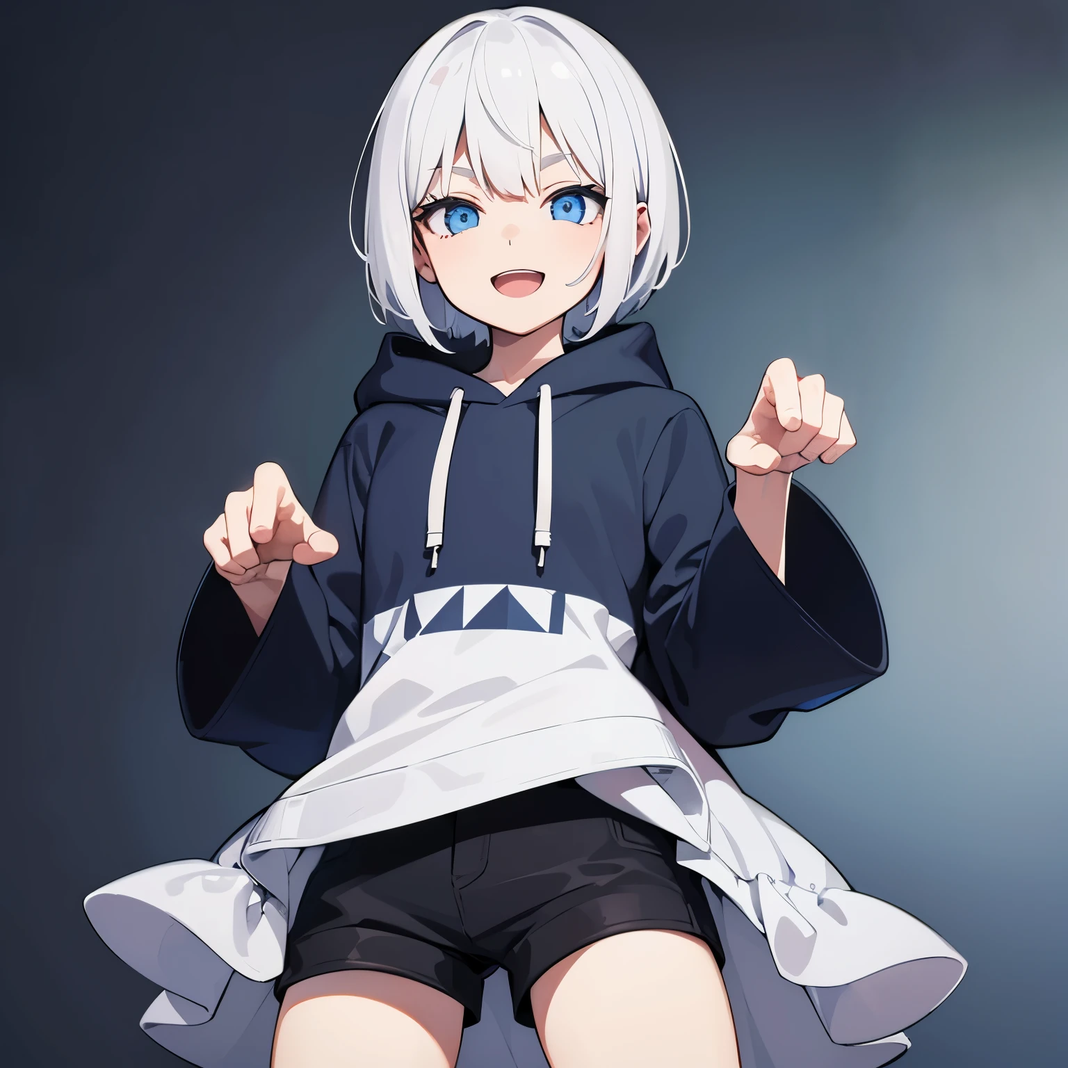 1boy, paw pose, wink, beautiful detailed eyes, sleeves, upright, concept art, solo, looking at viewer, chibi, white hair, open mouth, smile, blue eyes, bob cut, hoodie, short pants, sneaker, virtual youtuber, grey background, simple background, from below, upper body, masterpiece,best quality,ultra detailed