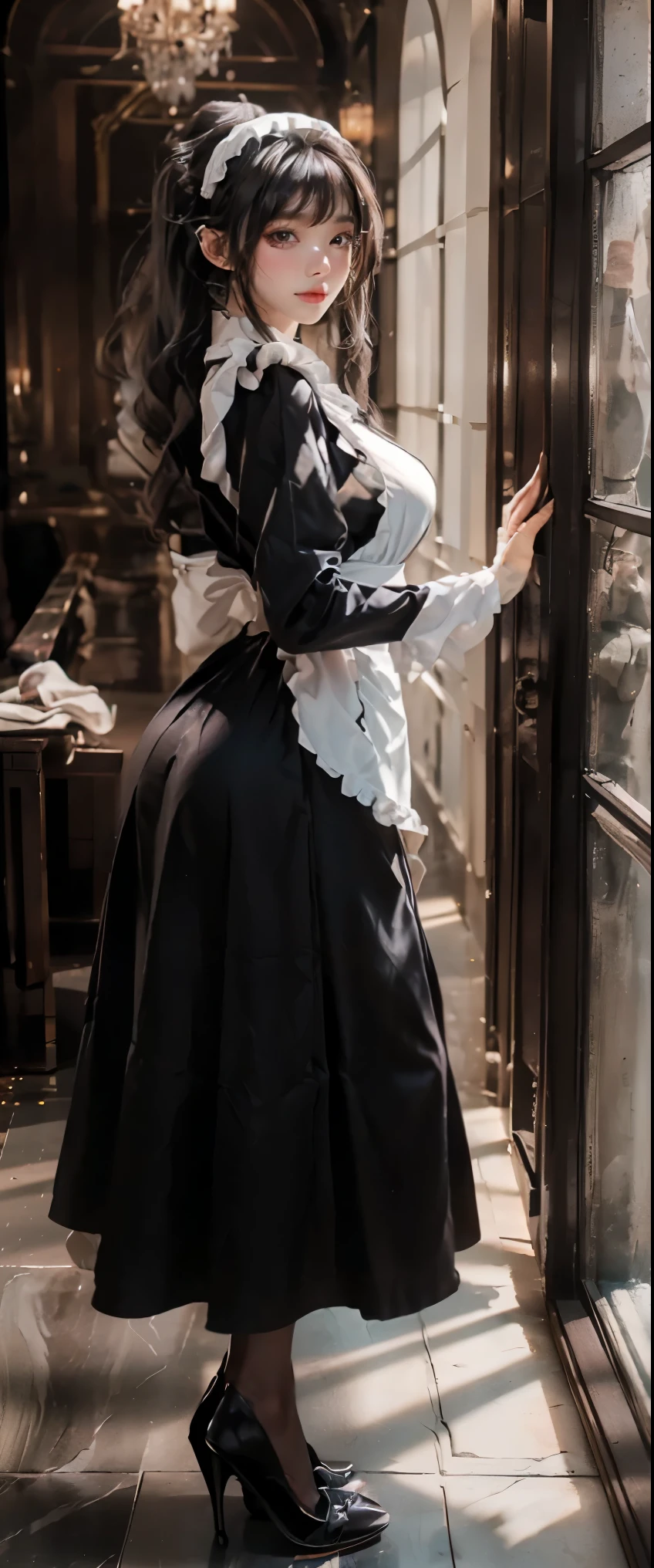 masterpiece、highest quality、High resolution、photorealistic、High resolution、Raw photo、(View from behind of a maid standing in the hallway of a luxurious mansion)、((1girl、Young woman hiding in the corner of the hallway、detailed face and eyes、beautiful face、ponytail、shiny skin、realistic skin texture、wearing a maid costume、has an attaché case in hand、dynamic pose、long sleeve、 big breasts、big ass))、((black maid dress、long sleeve、long skirt、white apron、headdress、high heels))、