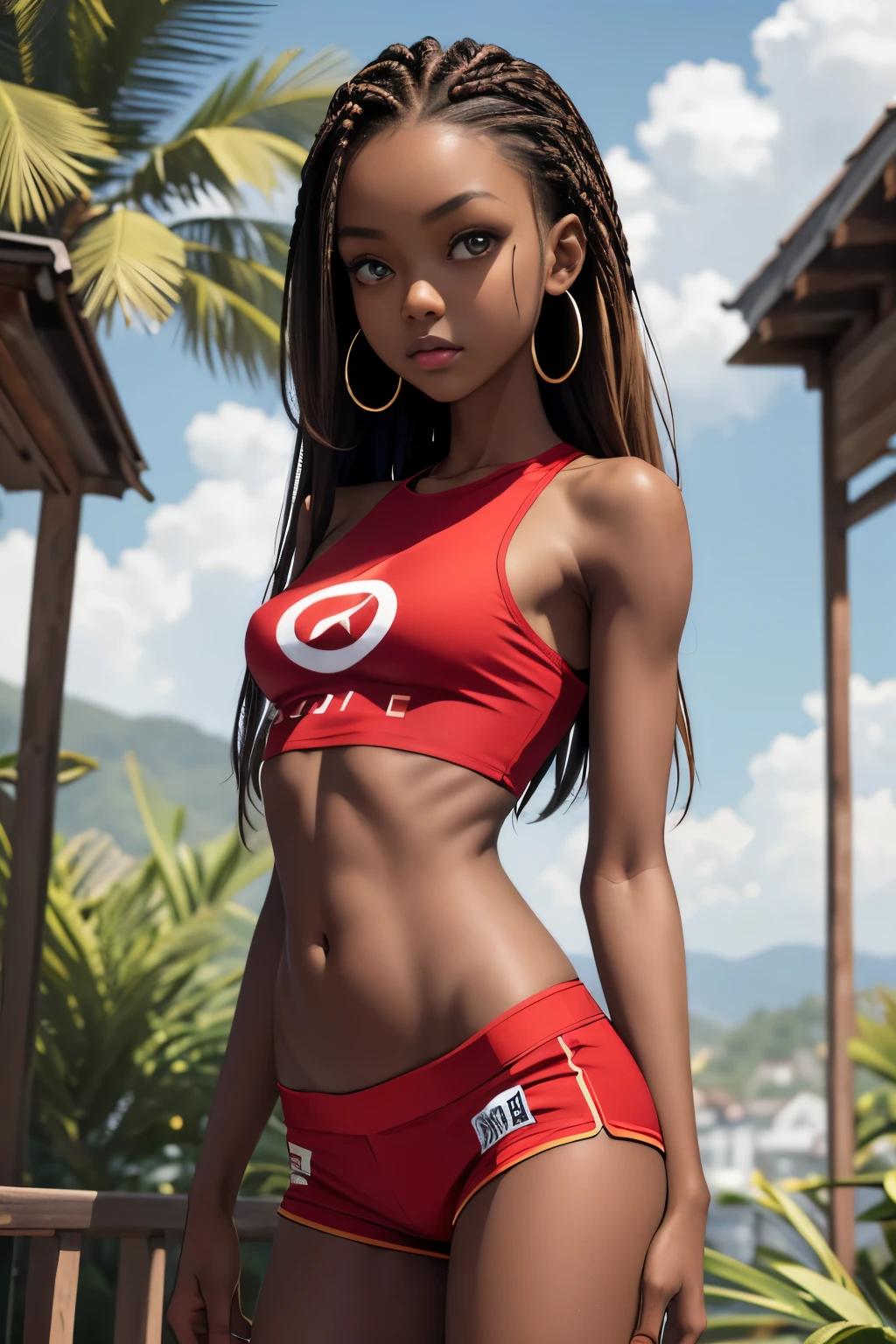 (masterpiece, best quality), dark ebony 1girl, beautiful face, brown eyes, thin body, fair skin, soft akin, beautiful, perfect body, small breasts, young, 18 year old girl, red short shorts, red crop top shirt, hoop earrings, cute face, cute pose, micro braids, blonde hair, dark brown skin, skinny body, 