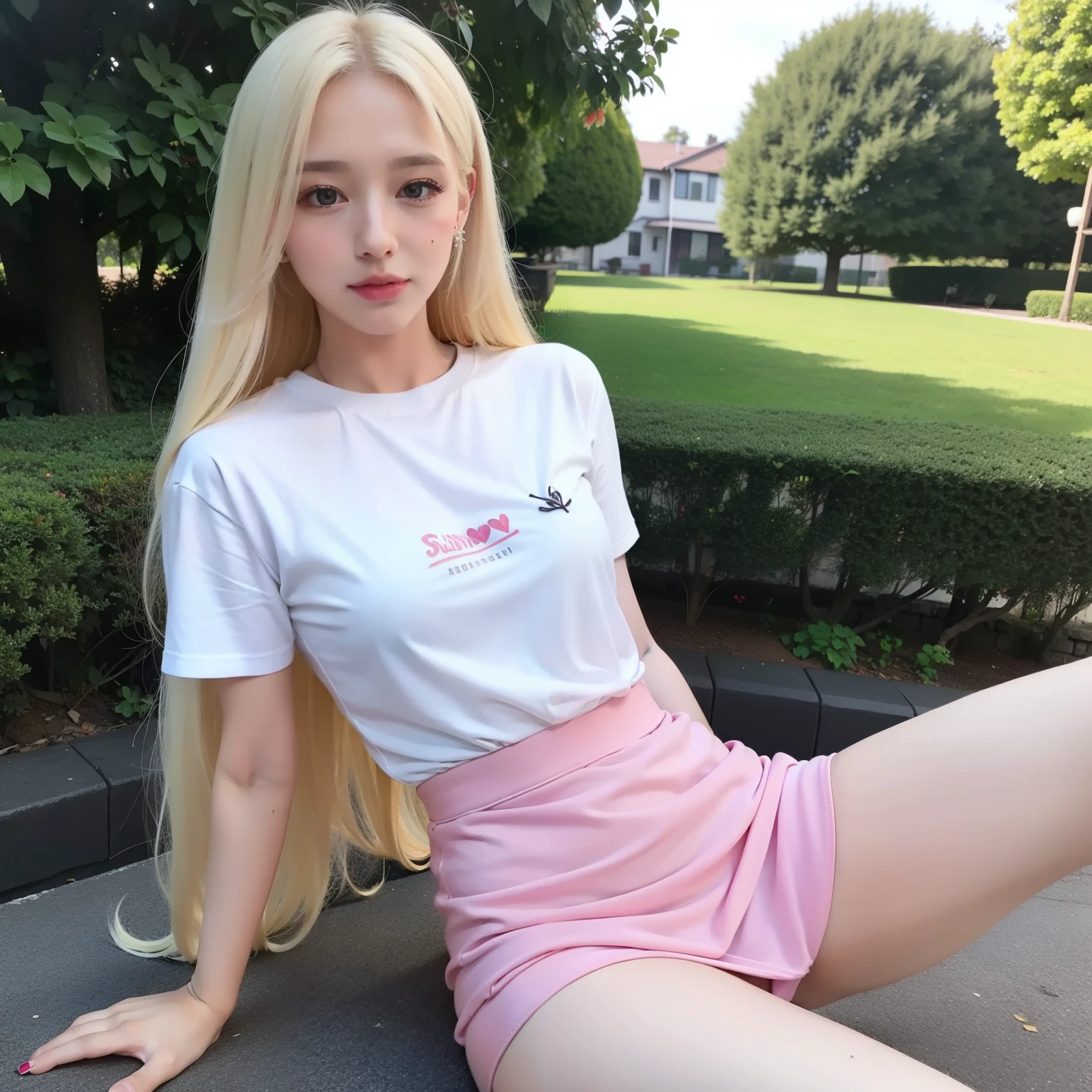 realistically,1 girl,long white hair,pink eyes of love,sparkling eyes,Tight fitting shirt,skirt,lips parted,will blush. Spread your legs,nighttime,fresh flowers,sun,rays of sunhine,very detailed