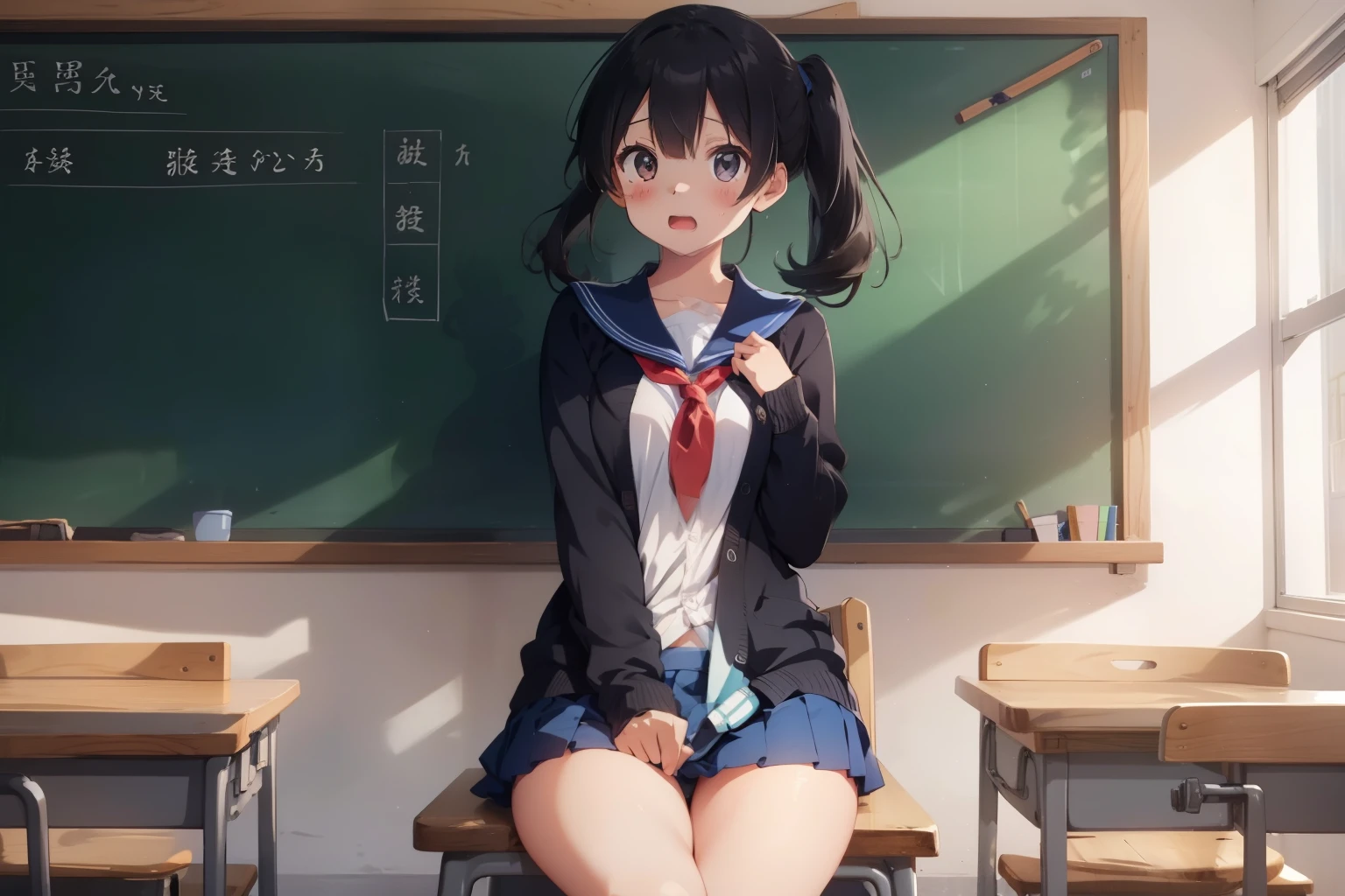 school classroom　elementary school girl　8-year-old　flat chest　black hair　long hair　eyes are purple　embarrassed look（（1 person））　White upper body long sleeve sailor uniform　Lower body navy blue miniskirt　white panties　She is squatting in front of the blackboard and showing her panties.　sports boots　spread your legs a little（（I can see white panties））　dynamic angle　Low angle from the front