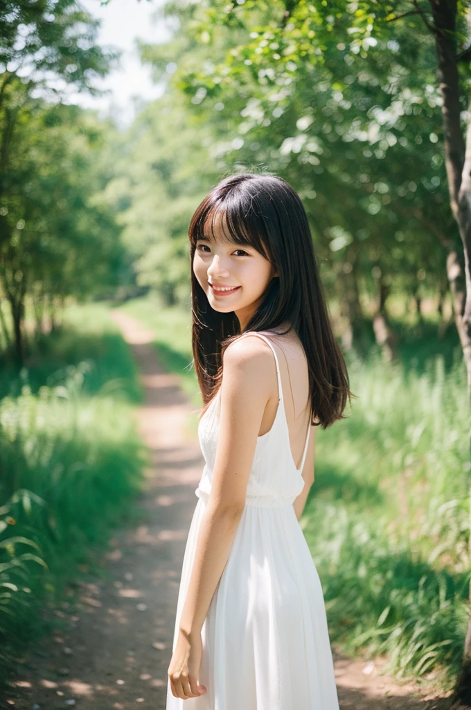 young,white dress,film,smile,nature park