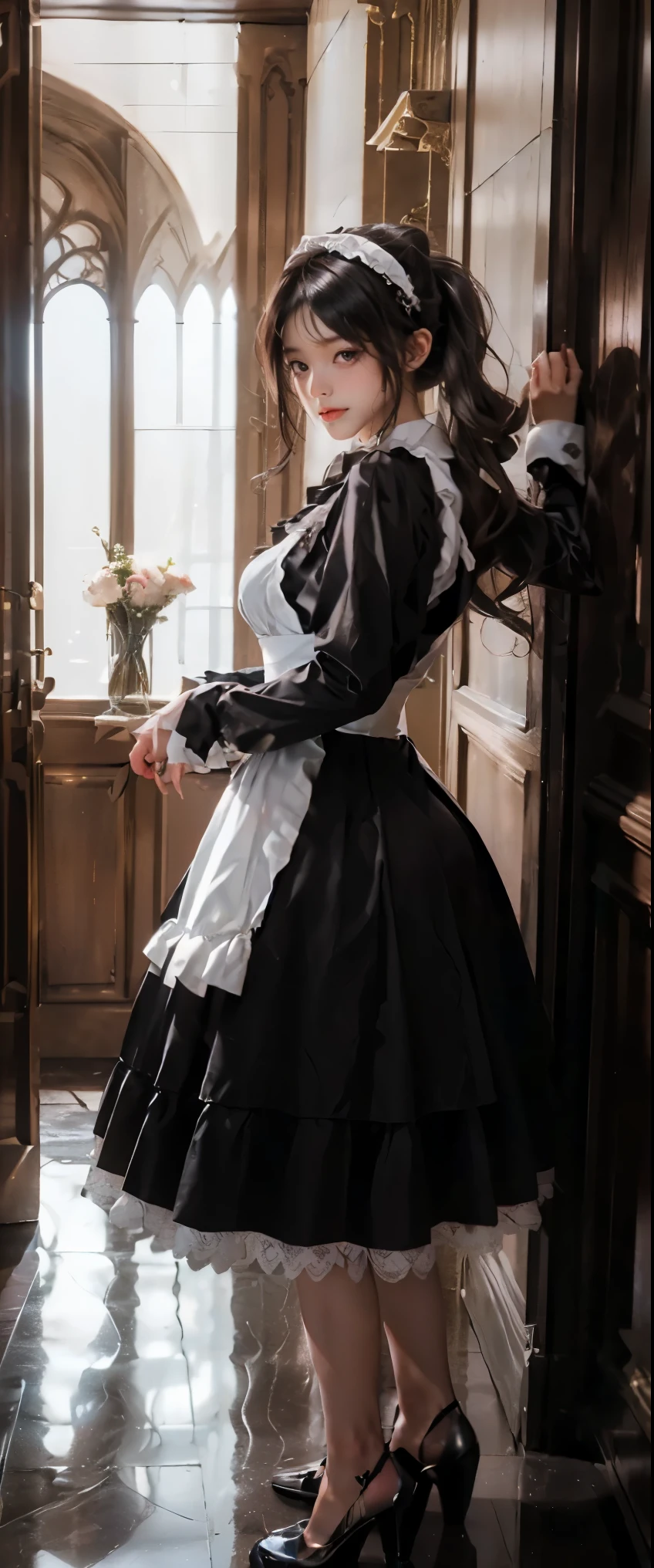 masterpiece、highest quality、High resolution、photorealistic、High resolution、Raw photo、(View from below of a maid standing in the hallway of a luxurious mansion)、((1girl、Young woman hiding in the corner of the hallway、detailed face and eyes、beautiful face、ponytail、shiny skin、realistic skin texture、wearing a maid costume、has an attaché case in hand、dynamic pose、long sleeve、 big breasts、big ass))、((black maid dress、long sleeve、long skirt、white apron、headdress、high heels))、
