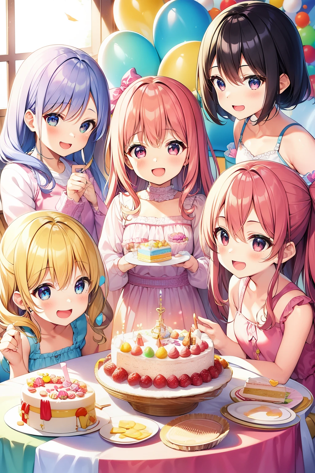 Five delightful kids, all excitedly celebrating their birthday, adorably clad in colorful party outfits. Their bright, innocent eyes shine with joy and anticipation, their cherubic faces illuminated by the warm, golden light filtering through the windows of a spacious, well-decorated living room. Each 's curly or straight hair bounces playfully as they laugh and giggle, their chubby fingers busy with cake decorations and prizes from the party bag. Surrounded by balloons, streamers, and a lovely birthday cake, the scene exudes a sense of pure happiness and fun. The atmosphere is filled with the joyous energy of childhood, making for
