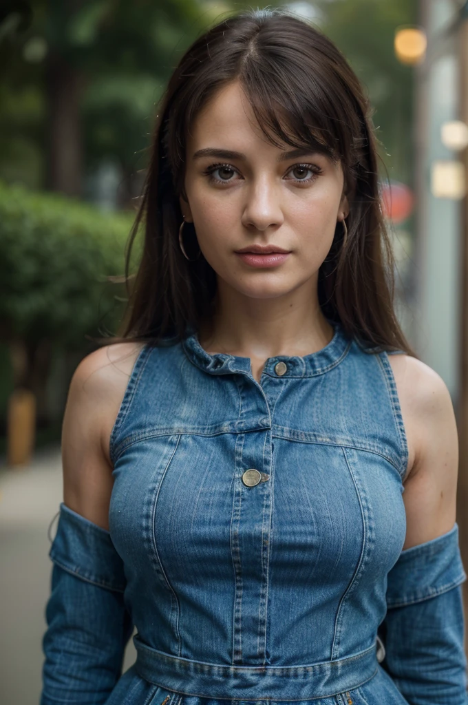 (high quality, ultra-detailed), (realistic:1.37), (best quality, 4k, 8k, highres, masterpiece:1.2), ultra-fine painting, sharp focus, physically-based rendering, extreme detail description, professional, vivid colors, bokeh, portraits, denim dress, innocent look, pretty face, jaw-dropping beauty, woman, 30 years old