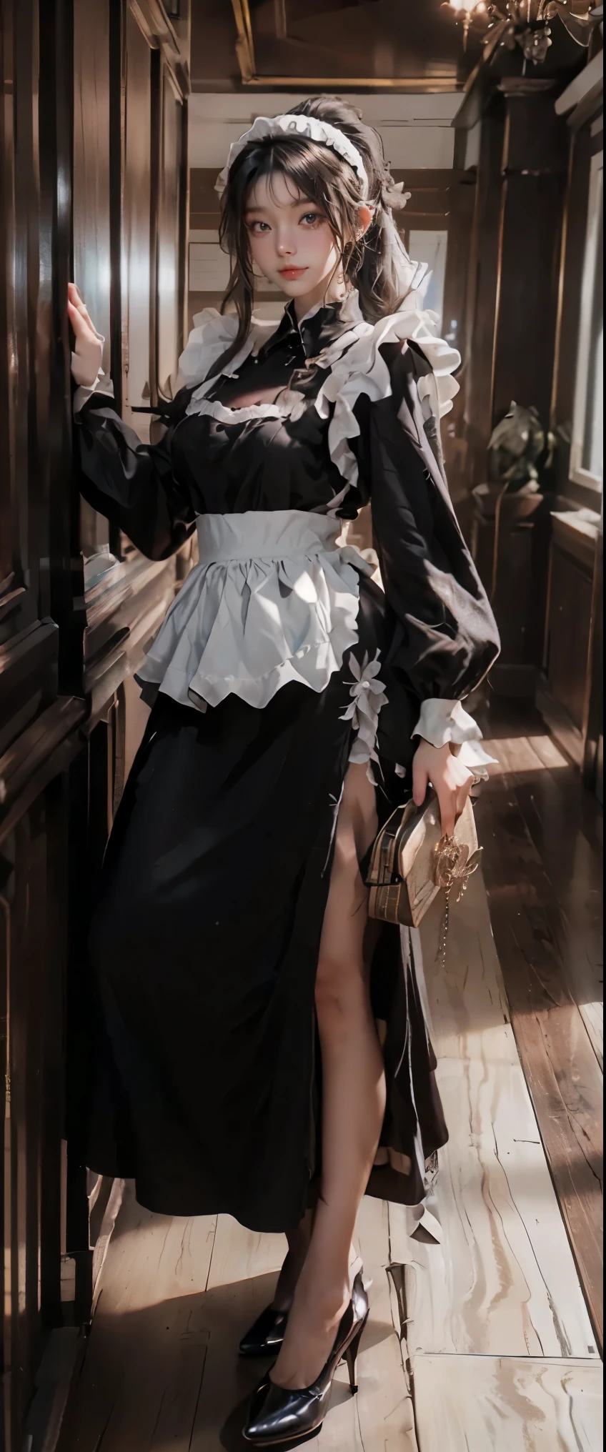 masterpiece、highest quality、High resolution、photorealistic、High resolution、Raw photo、(View from below of a maid standing in the hallway of a luxurious mansion)、((1girl、Young woman hiding in the corner of the hallway、detailed face and eyes、beautiful face、ponytail、shiny skin、realistic skin texture、wearing a maid costume、has an attaché case in hand、dynamic pose、long sleeve、 big breasts、big ass))、((black maid dress、long sleeve、long skirt、white apron、headdress、high heels))、