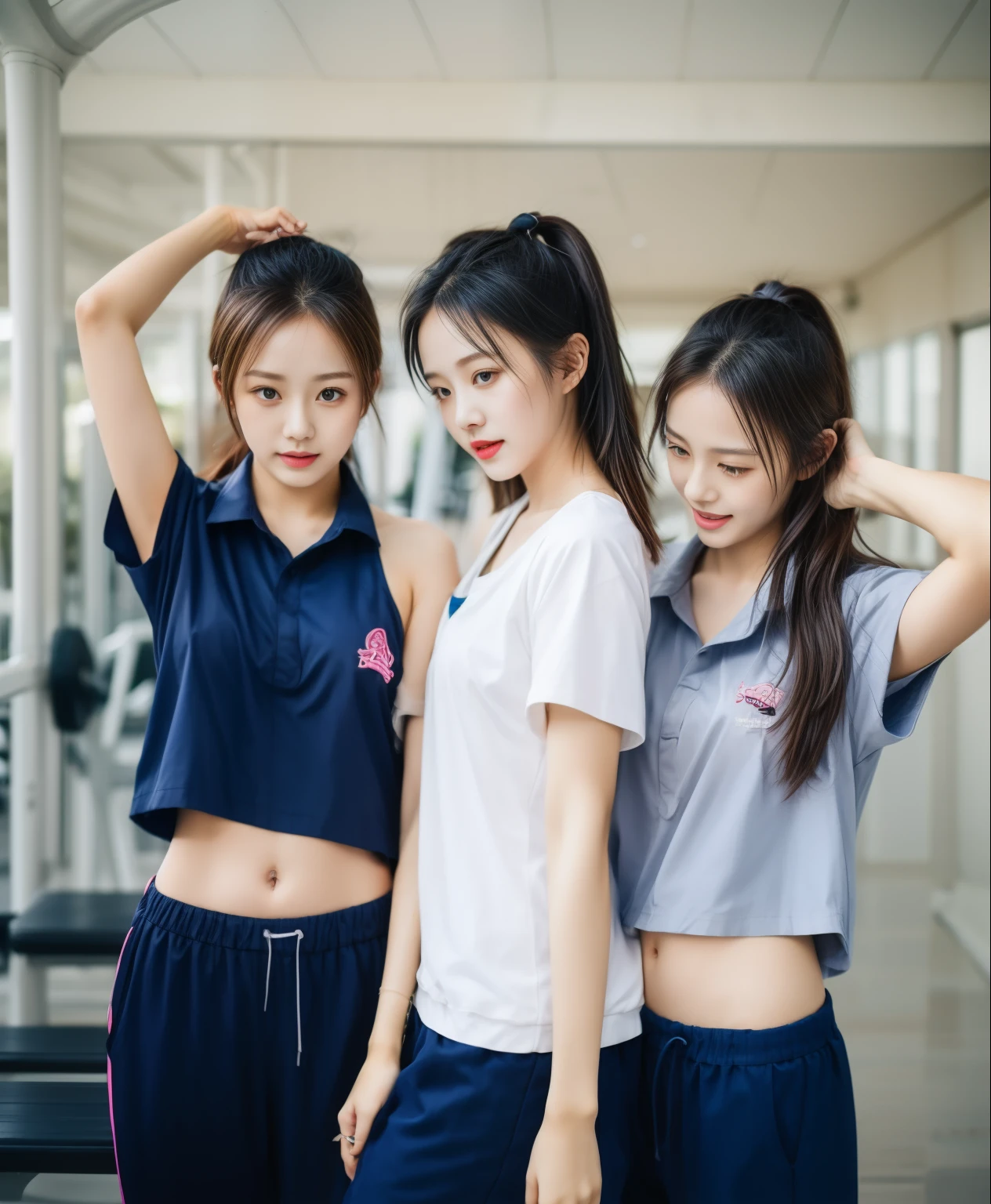 3 girls in fitness center, Blue short sleeve shirt,Sweatpantsขายาวสีกรมท่า,Sweatpants, Sweatpantsขายาว,25 year old girl, lesbian, sexy, exercise clothes, wet body, exercise clothes
