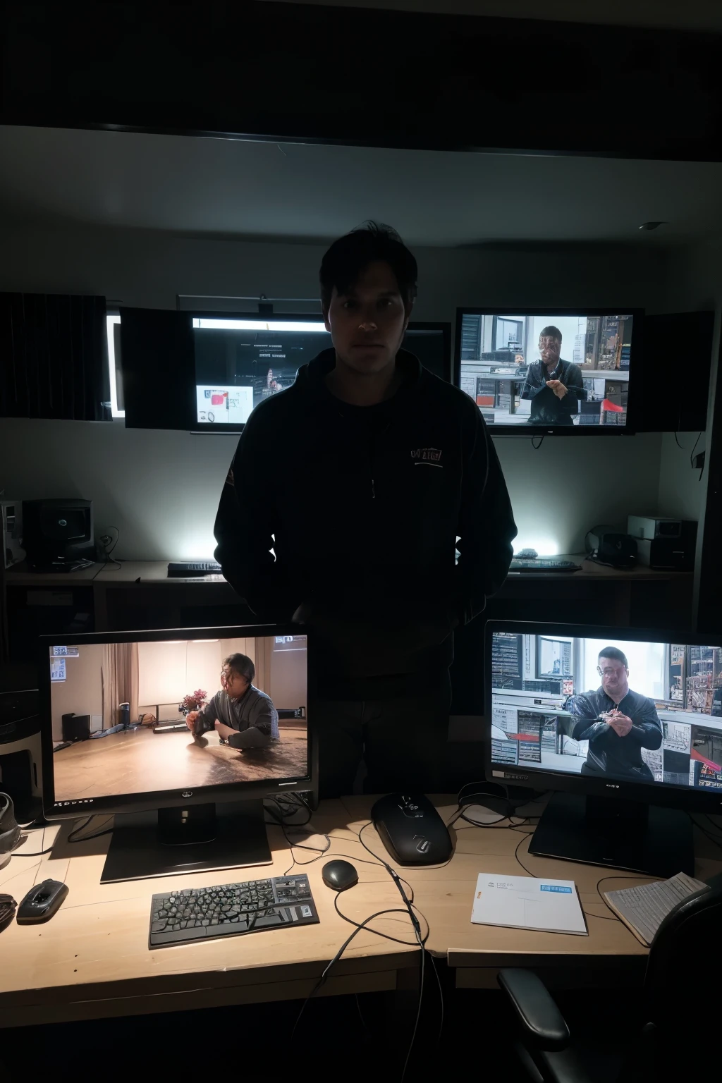 photography of a 40yo man, perfect face, masterpiece, working on retro computer with 6 screens, dark room,  setting on a large gaming chair engulfs his form. in spacious room, surrounded by multiple screens displaying various data.