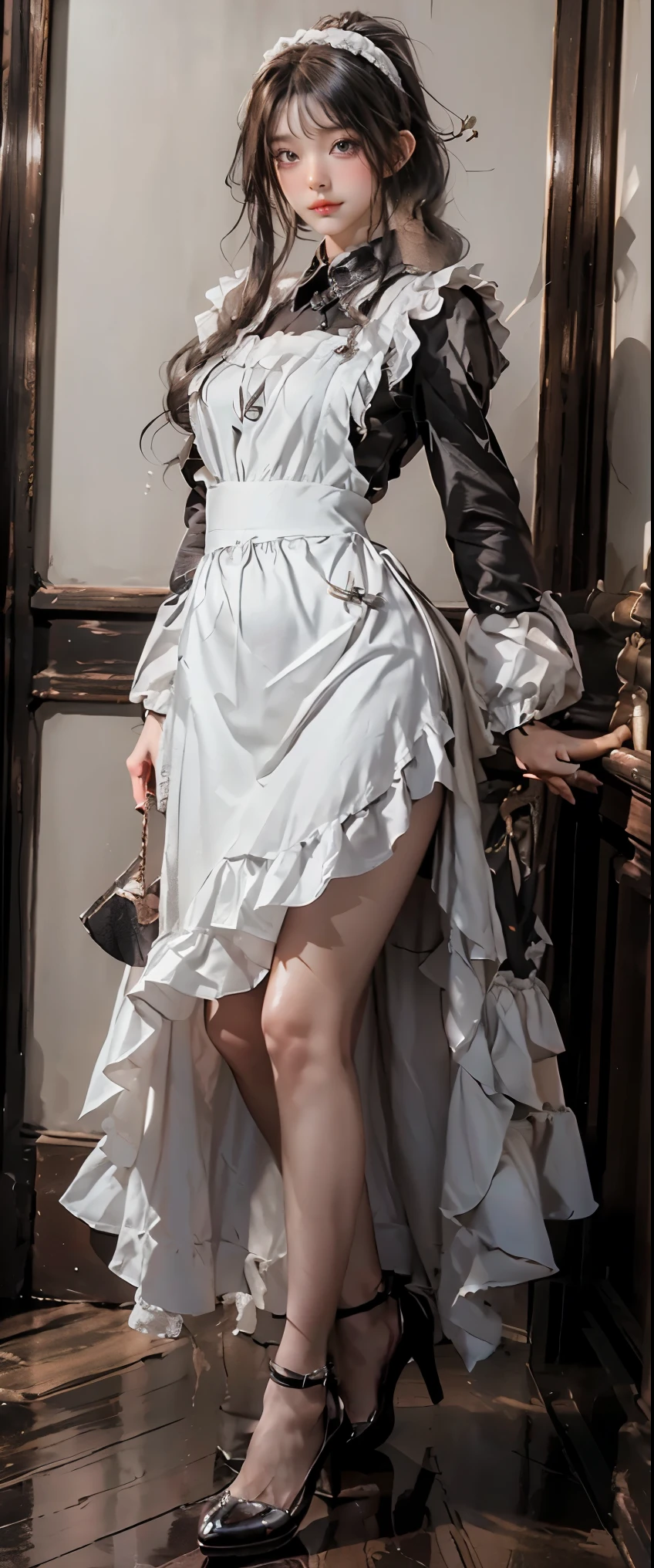 masterpiece、highest quality、High resolution、photorealistic、High resolution、Raw photo、(A maid standing in the hallway of a luxurious mansion)、((1girl、Young woman hiding in the corner of the hallway、detailed face and eyes、beautiful face、ponytail、shiny skin、realistic skin texture、wearing a maid costume、has an attaché case in hand、dynamic pose、long sleeve、 big breasts、big ass))、((black maid dress、long sleeve、long skirt、white apron、headdress、high heels))、