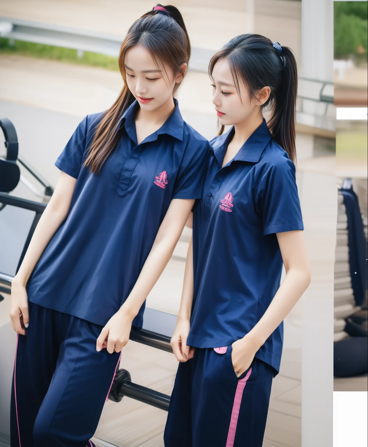 2 girls in fitness center, Blue short sleeve shirt,Long sweatpantsสีกรมท่า,Sweatpants, Long sweatpants,25 year old girl, lesbian, sexy, exercise clothes, wet body, exercise clothes