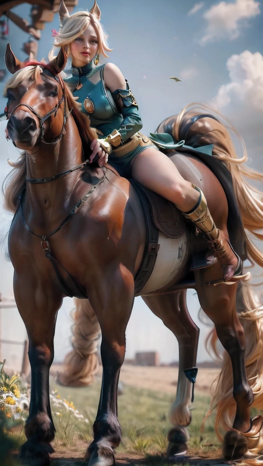 Queen Hippolyta riding a Horse, large breasts, nipple rings, wearing a Toga, panties