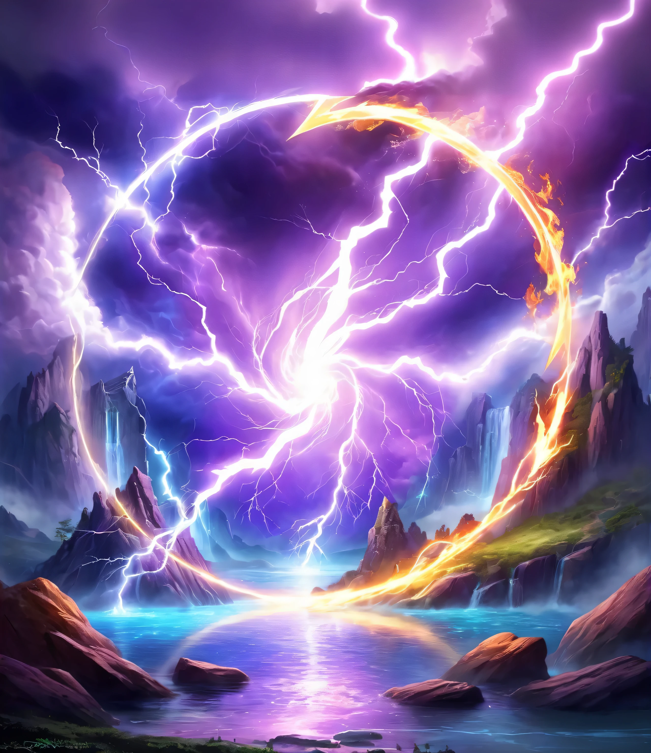 a painting of a circular thunderstorm in a mountain landscape, lightning fantasy magic, Vortex Portal Destierra a los ancianos, Mana flowing around you, epic fantasy card game art, trueno fractal dan mumford, Arc Lightning Plasma, epic fantasy digital art style, purple fire around the magic sand