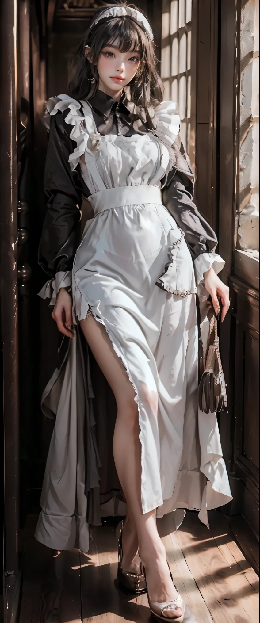 masterpiece、highest quality、High resolution、photorealistic、High resolution、Raw photo、(A maid standing in the hallway of a luxurious mansion)、((1girl、Young woman hiding in the corner of the hallway、detailed face and eyes、beautiful face、ponytail、shiny skin、realistic skin texture、wearing a maid costume、has an attaché case in hand、dynamic pose、long sleeve、 big breasts、big ass))、((black maid dress、long sleeve、long skirt、white apron、headdress、high heels))、