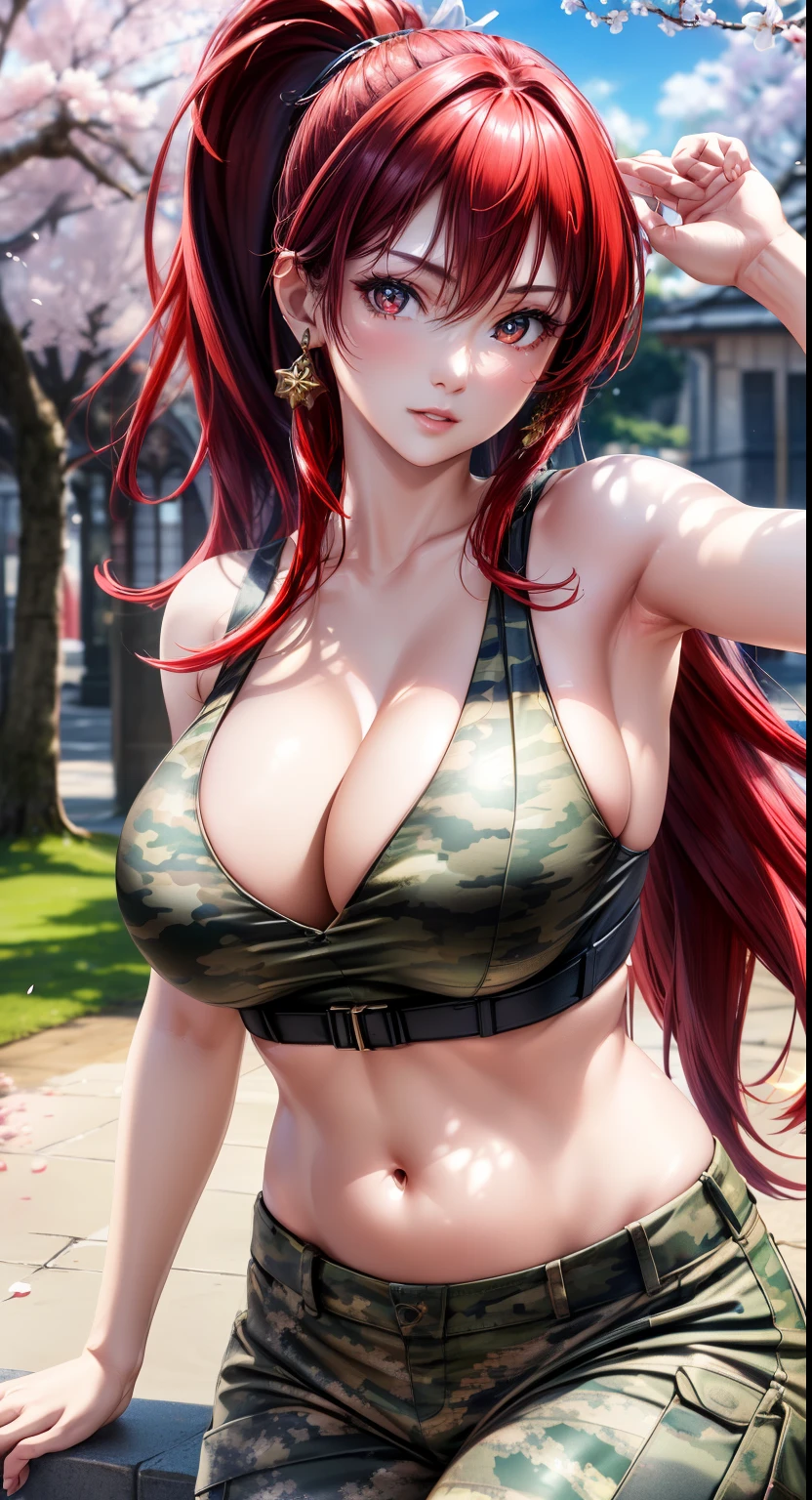 red eyes, (highest quality, masterpiece絵画:1.3), mature woman, 26 years old, (half body shot), masterpiece, ultra high resolution, (Photoreal:1.0), bright red hair、straight hair, beautiful shining hair, white and shining skin, ((Ultra realistic details)), octane rendering, highly detailed face,  (big breasts:1.0),(black sleeveless t-shirt, open belly, camouflage military pants,delicate decoration:1.2), open neckline, cleavage, perfect body, soft skin, anime face, perfect face, perfect eyes, looking at the viewer, smart, Under the cherry blossom tree background, church, cherry blossom petals are falling, outdoors,sharp focus, intricate details, professional artwork, (bright colors:1.1), bright colors, diffused lighting, digital blending, ultra-definition body, ultra detail hair, super detailed face, that&#39;It&#39;s trending on pixiv, top button open, Cute gaze, compensate, perfect lips, perfect compensate, Ultra-precision coating,glare,