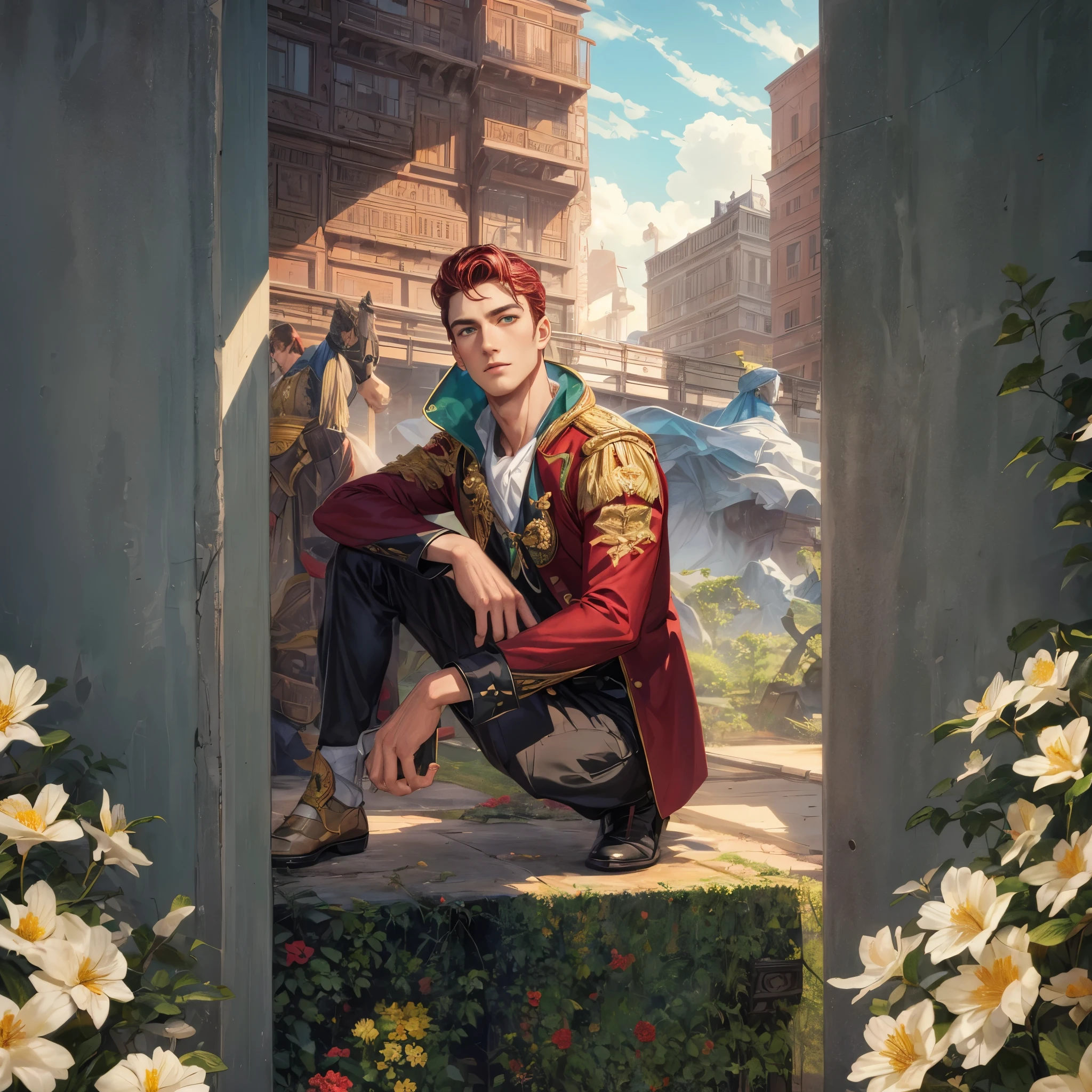 masterpiece, best quality, (absurdres, highres, ultra detailed), 1 male, adult, handsome, tall muscular guy, broad shoulders, finely detailed eyes and detailed face, red hair, green eyes, handsome, suit, fantasy, uniform, royal, Forest, flowers blooming brightly-bloomed flowers, Sunlight, Fantastic light and shadow, Scenery, portrait,