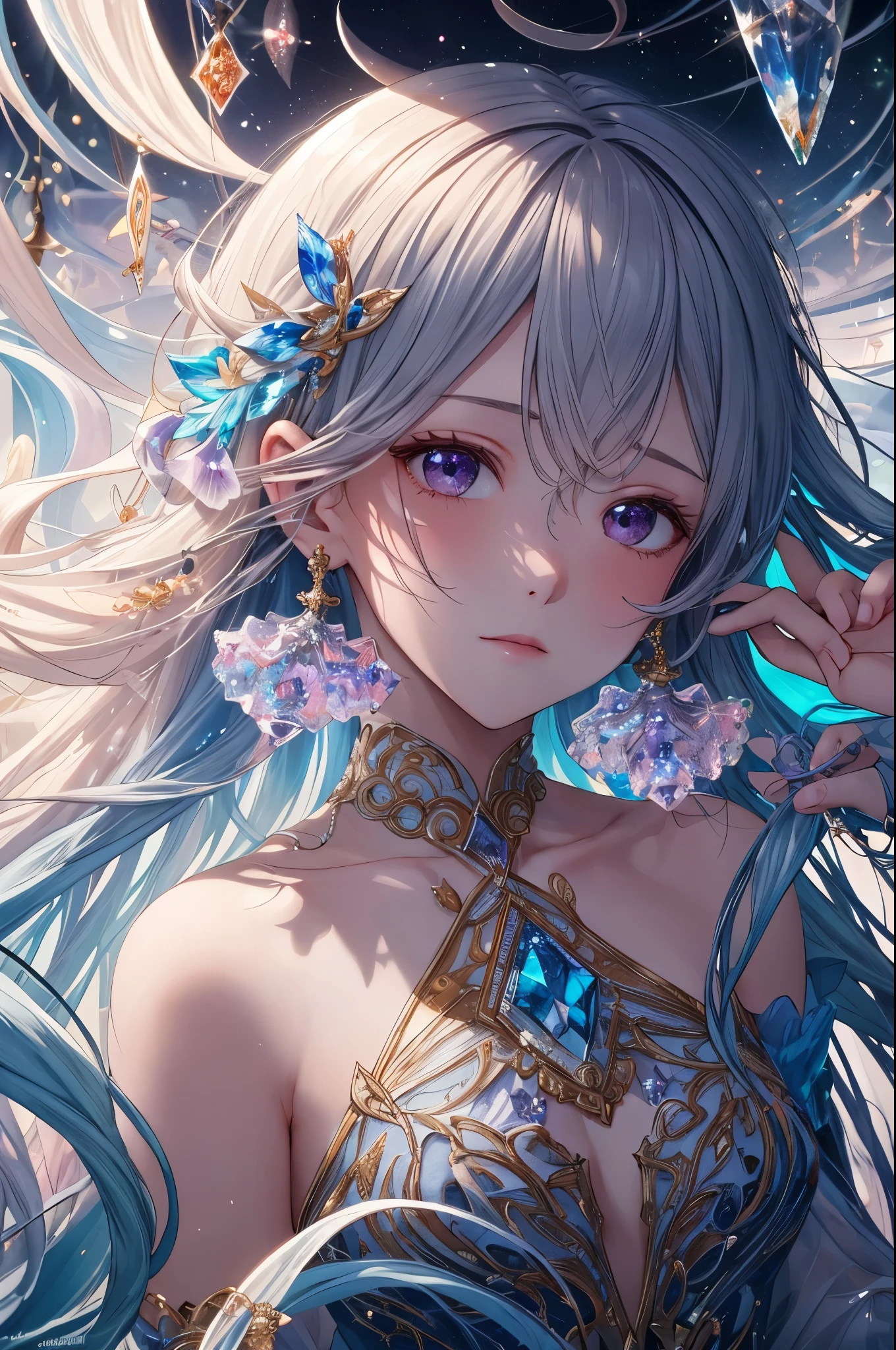 highest quality,amazing,very detailed,figure,cover,mysterious person,covered with translucent fabric,Crystals decorating hair,dreamy swirl,pastel colour,soft light,Evoking serene tranquility and elusive beauty,non-representative,Color and shape,expression of emotions,imaginative,very detaileded,