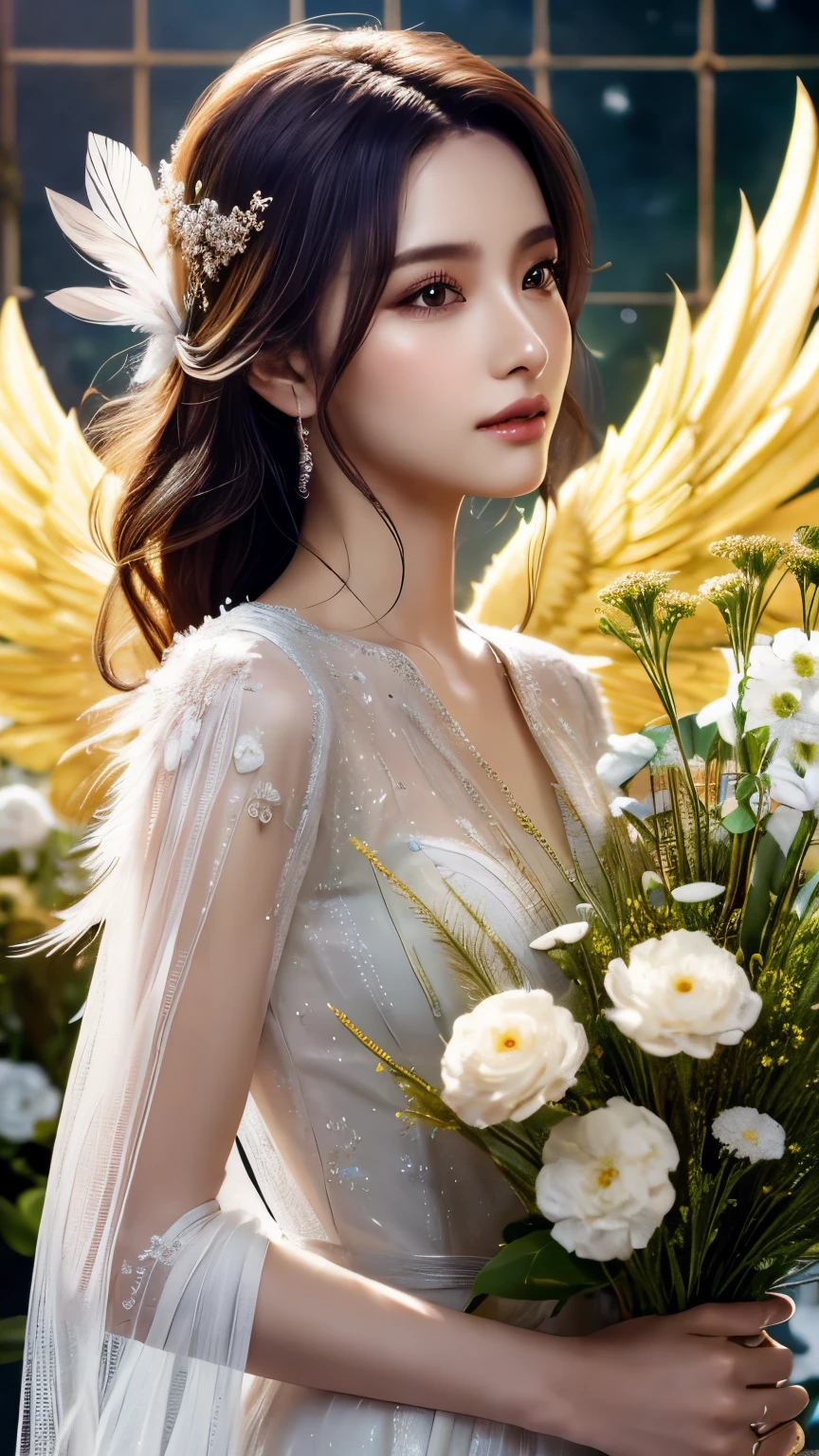 {{masterpiece, highest quality, Very detailed CG, unity 8k wallpaper, archangel, It has beautiful feathers, aroma, holding a bouquet of immortelle,