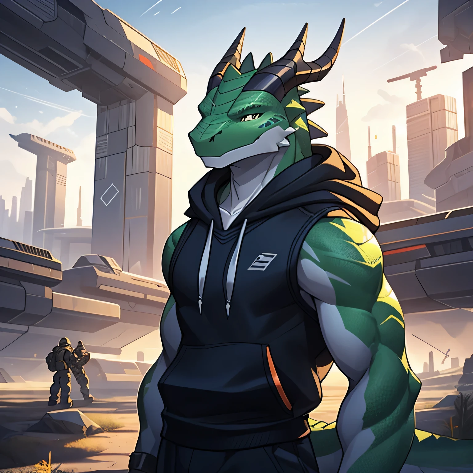 (male anthro lizard), standup, solo, Detailed scale texture, cyber city, (battle field), (sleeveless scifi hoodie), green scaled body, White belly，horn on his head, daybreak，shadows，Dim environment，（the front view），Looks pleased，[Simple background]，Detailed studentasterpiece artwork，Caustics, edgelighting, Single light source, Sharp shadows, Single portrait